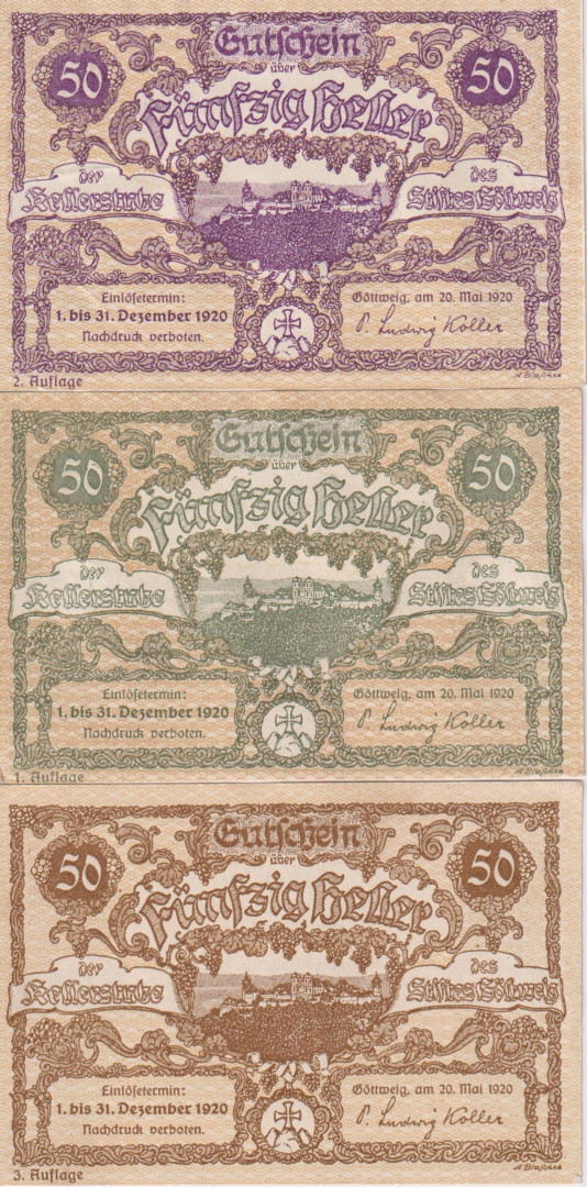 Göttweig 50,50,50 heller 1920 változatok
