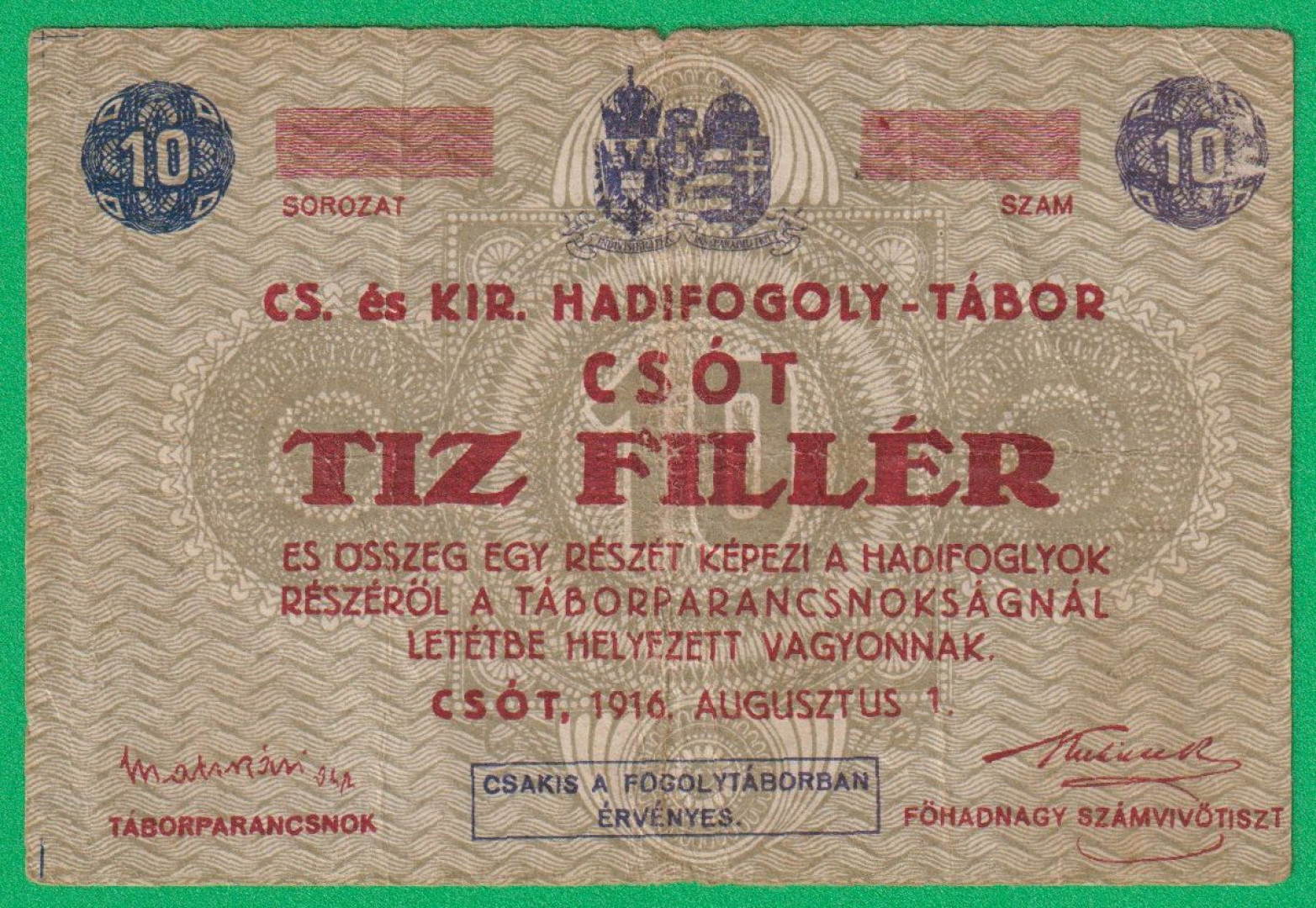 Csót 10 fillér 1916. hadifogolytábor sorszám nélkül