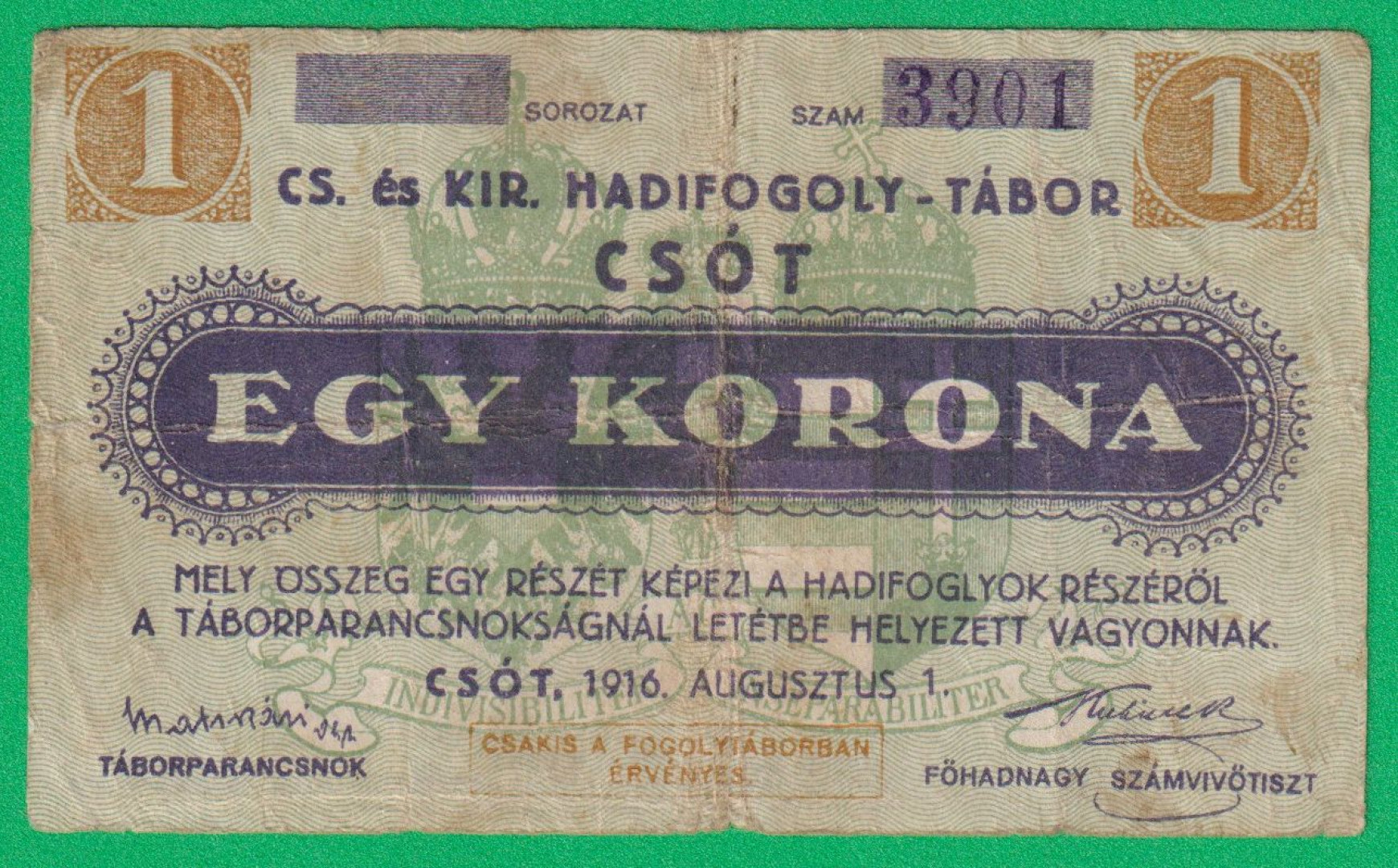 Csót 1 korona 1916. 3901 hadifogolytábor