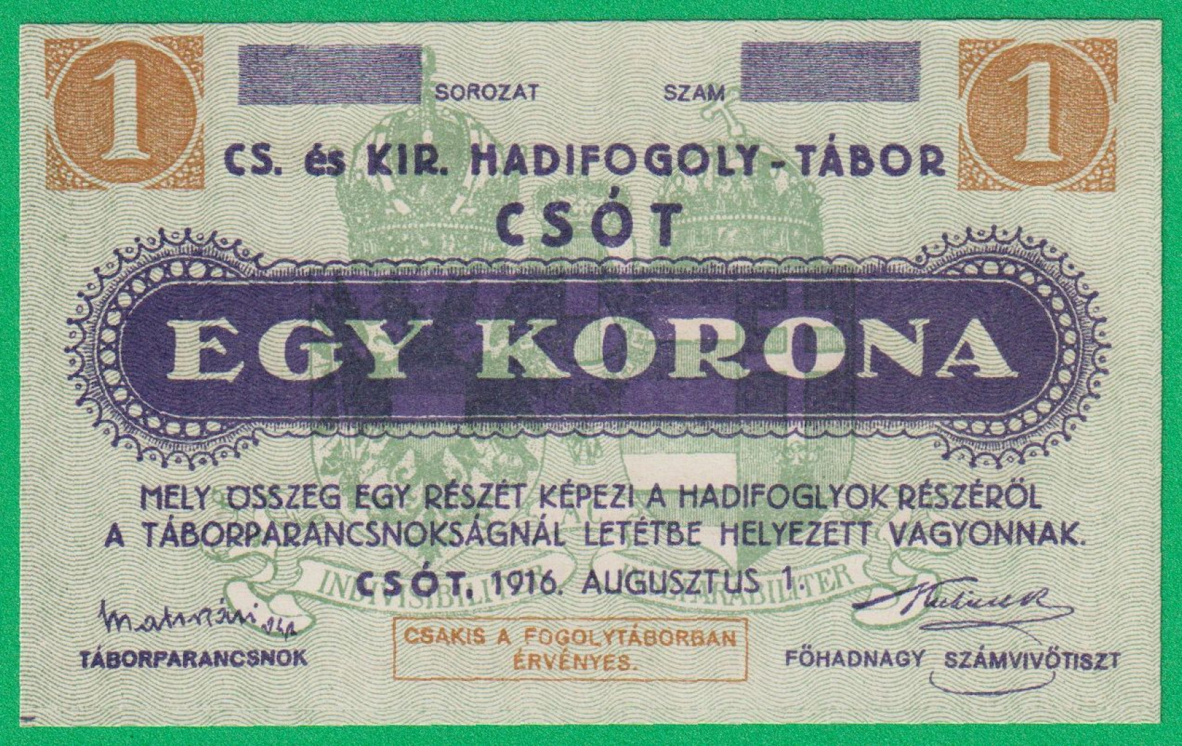 Csót 1 korona 1916. hadifogolytábor sorszám nélkül