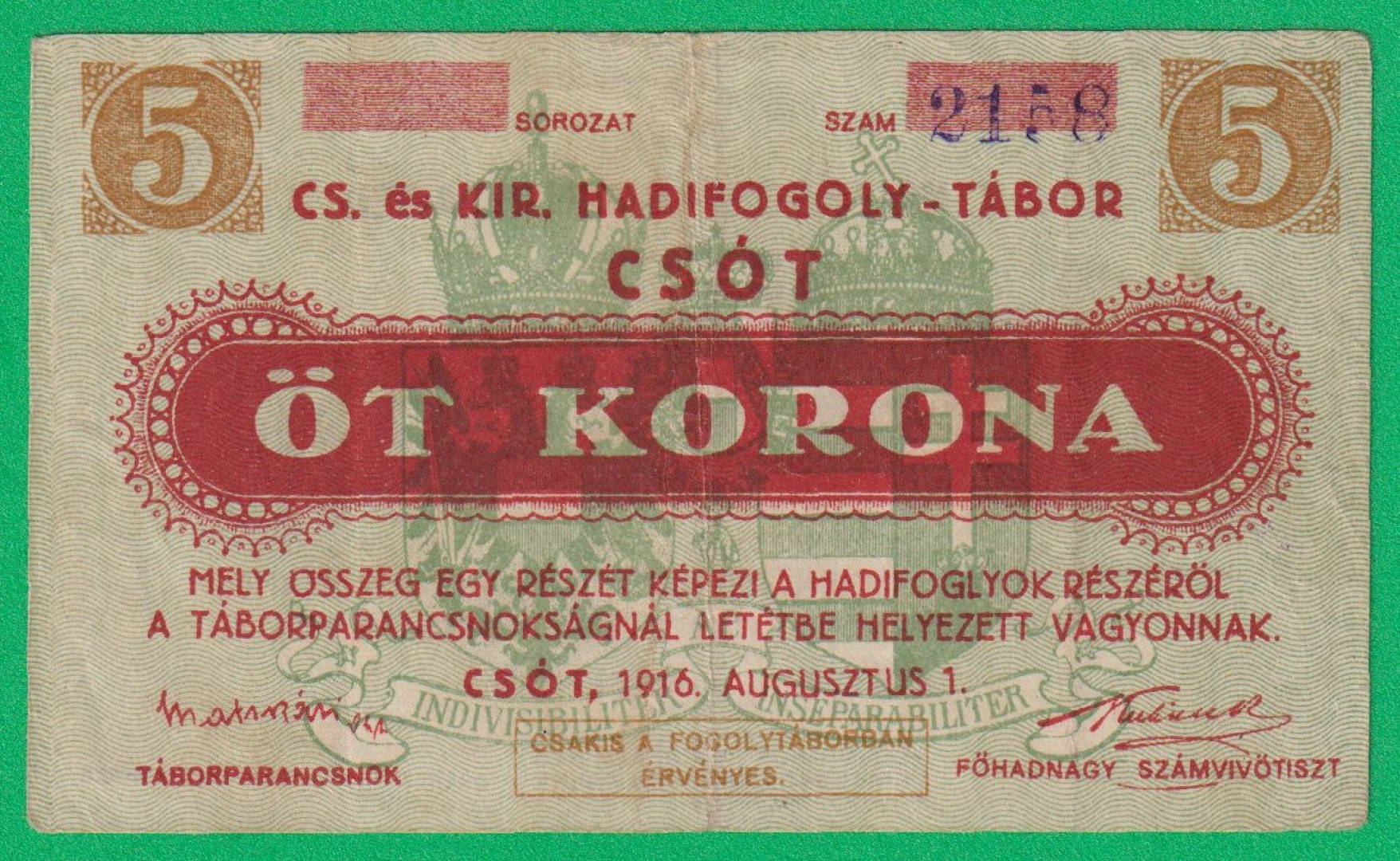 Csót 5 korona 1916. 2158 hadifogolytábor