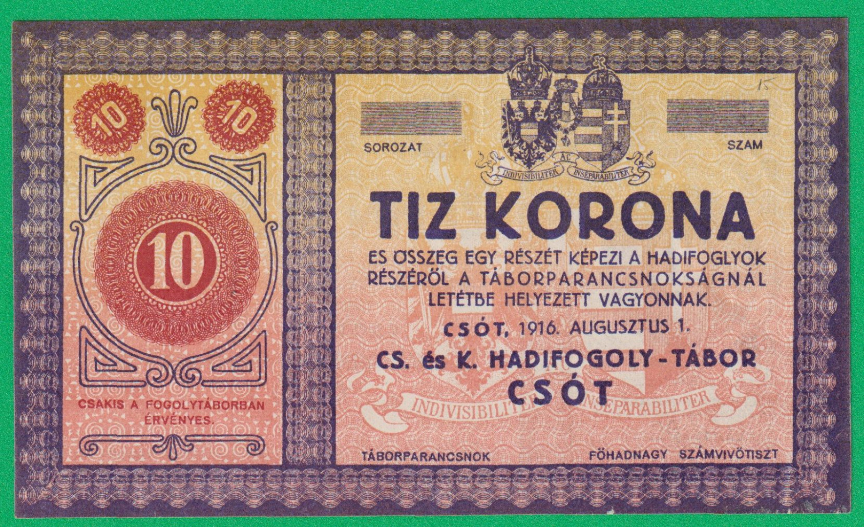 Csót 10 korona 1916. hadifogolytábor sorszám nélkül