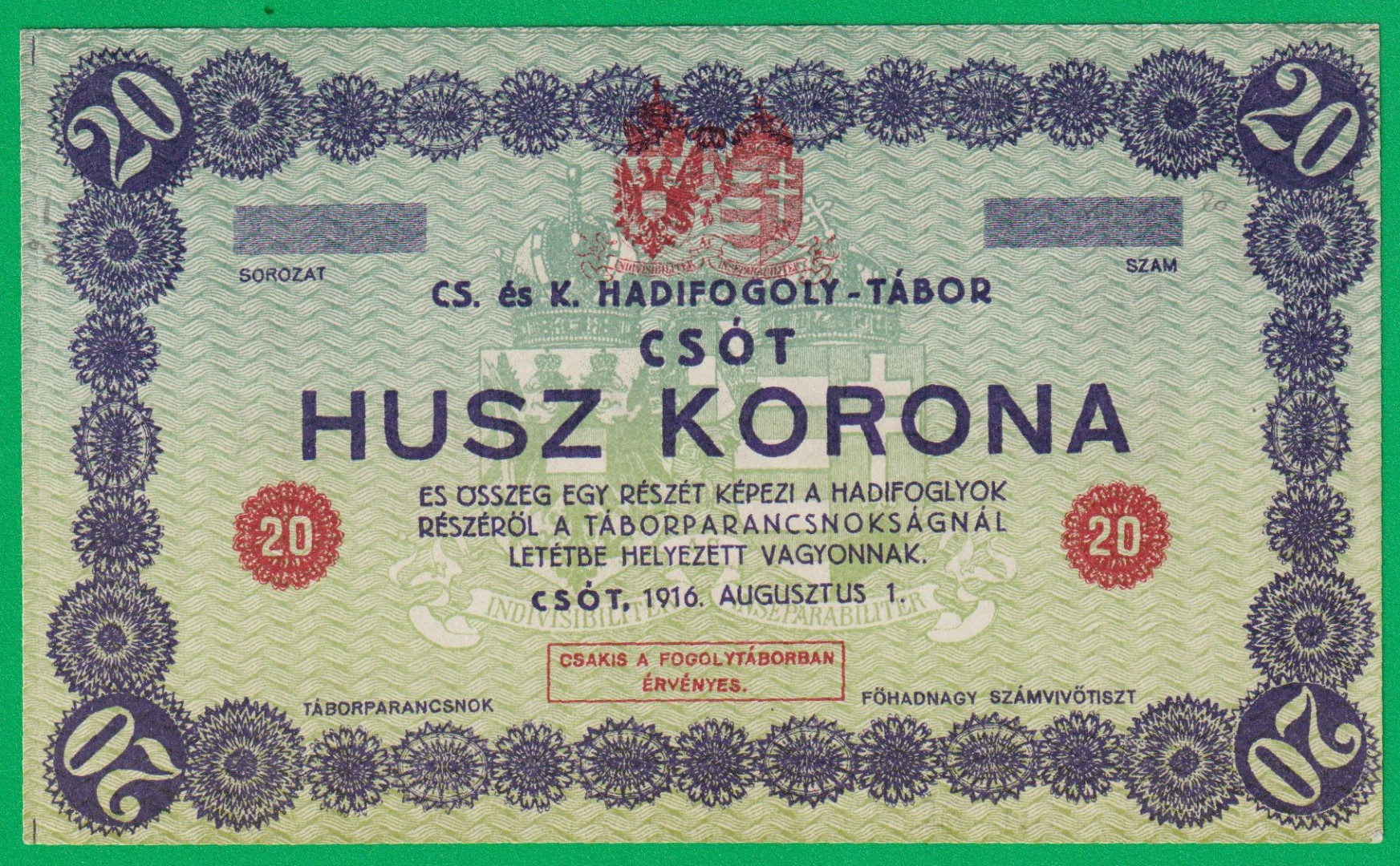 Csót 20 korona 1916. hadifogolytábor sorszám nélkül