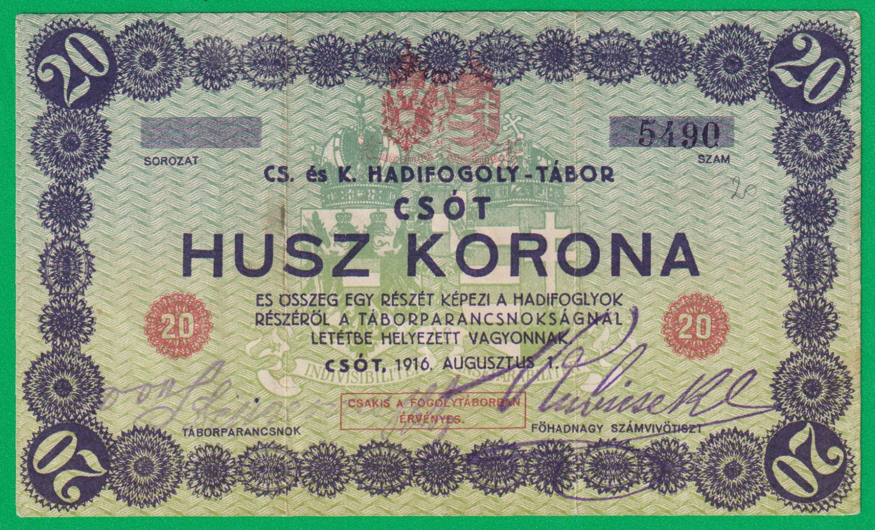 Csót 20 korona 1916. 5490 hadifogolytábor