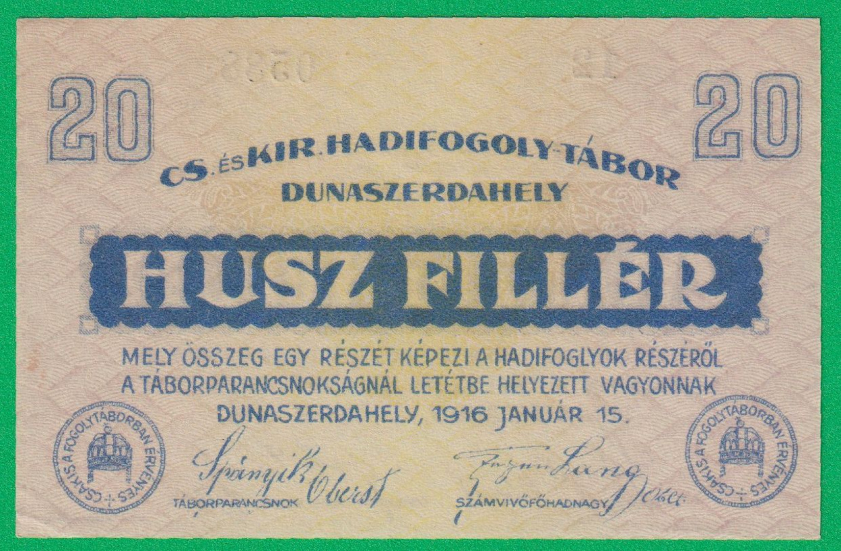 Dunaszerdahely 20 fillér 1916. 12-0588 hadifogolytábor