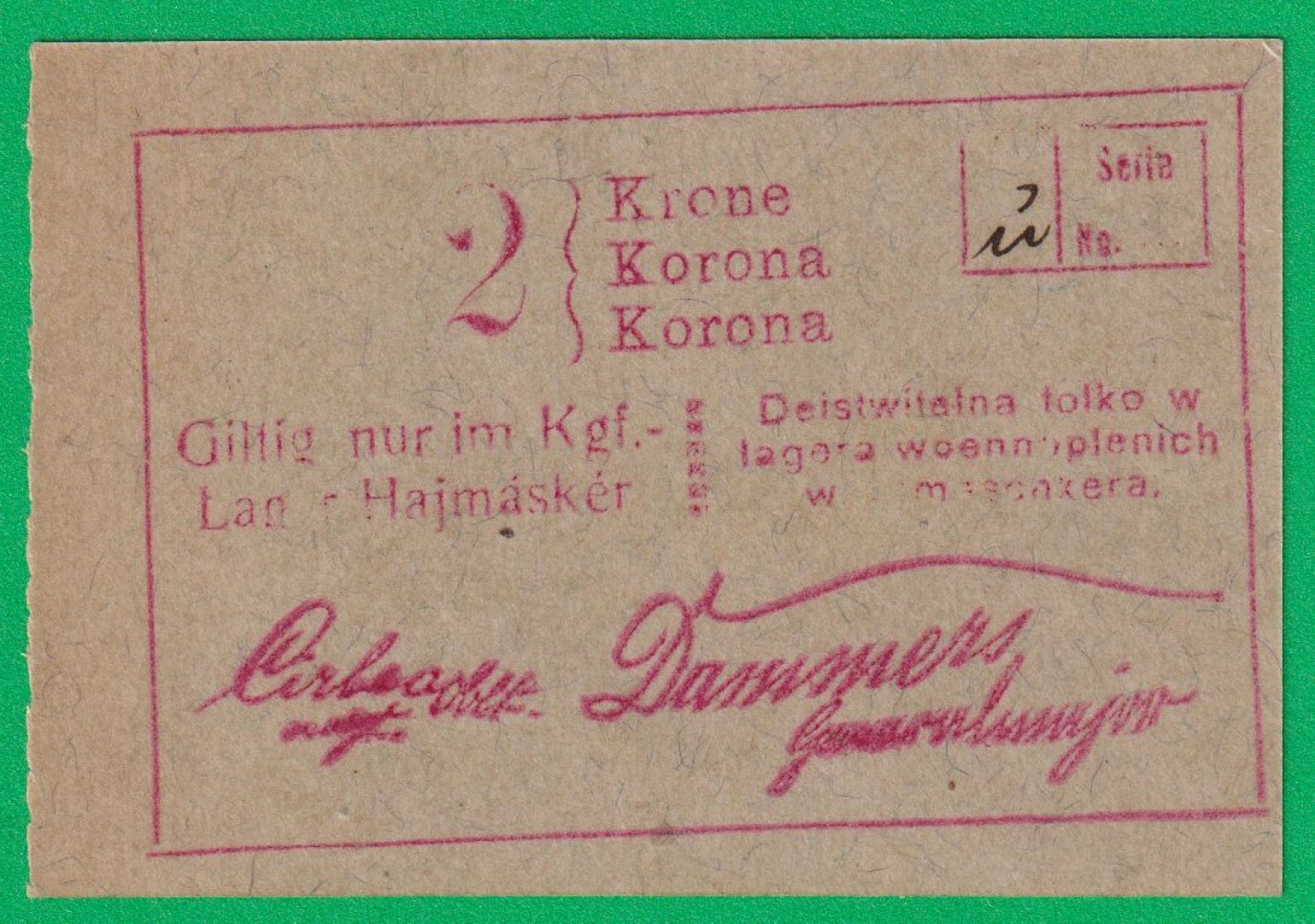 Hajmáskér 2 korona hadifogolytábor
