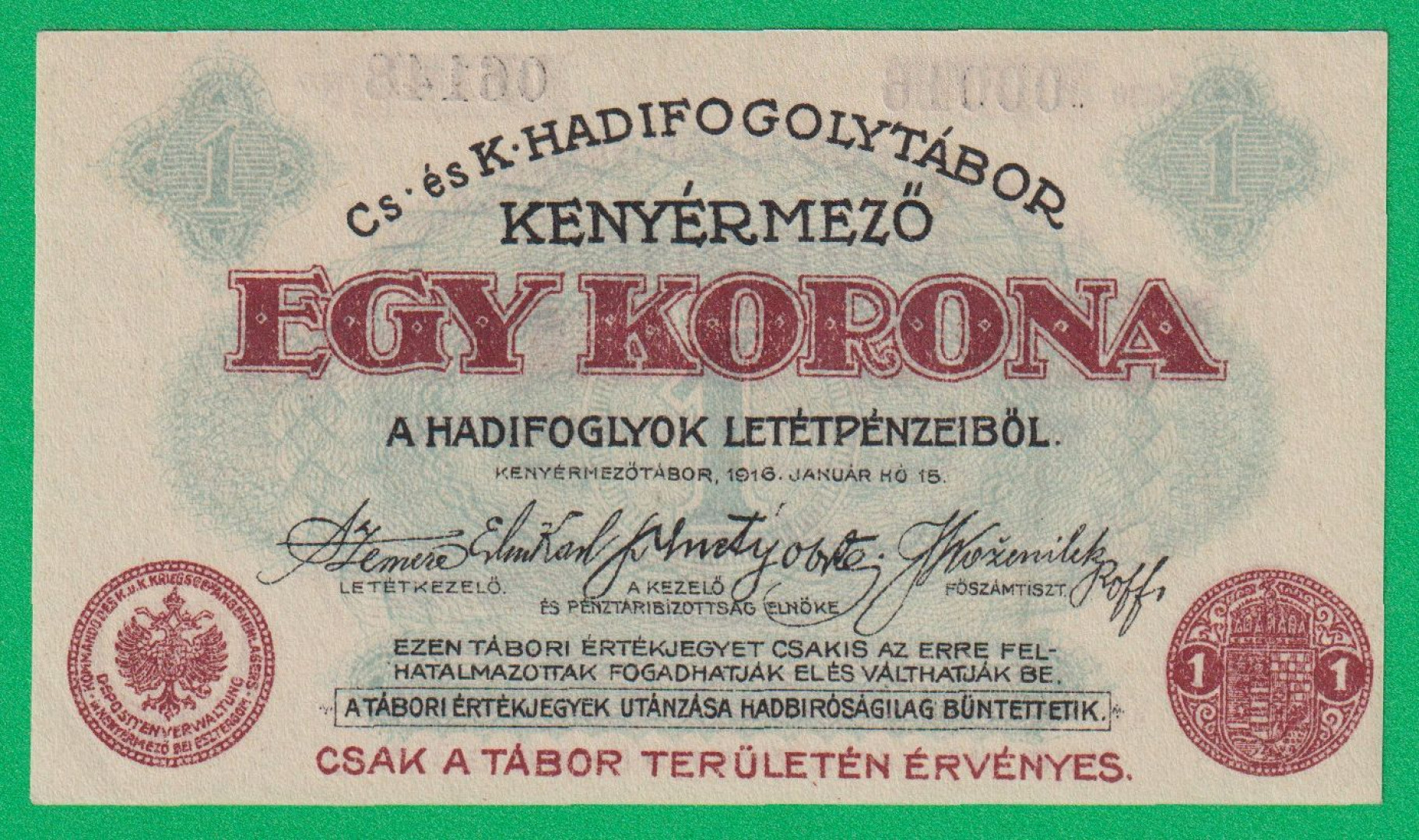 Kenyérmező 1 korona 1916. 00016.-06148 hadifogolytábor