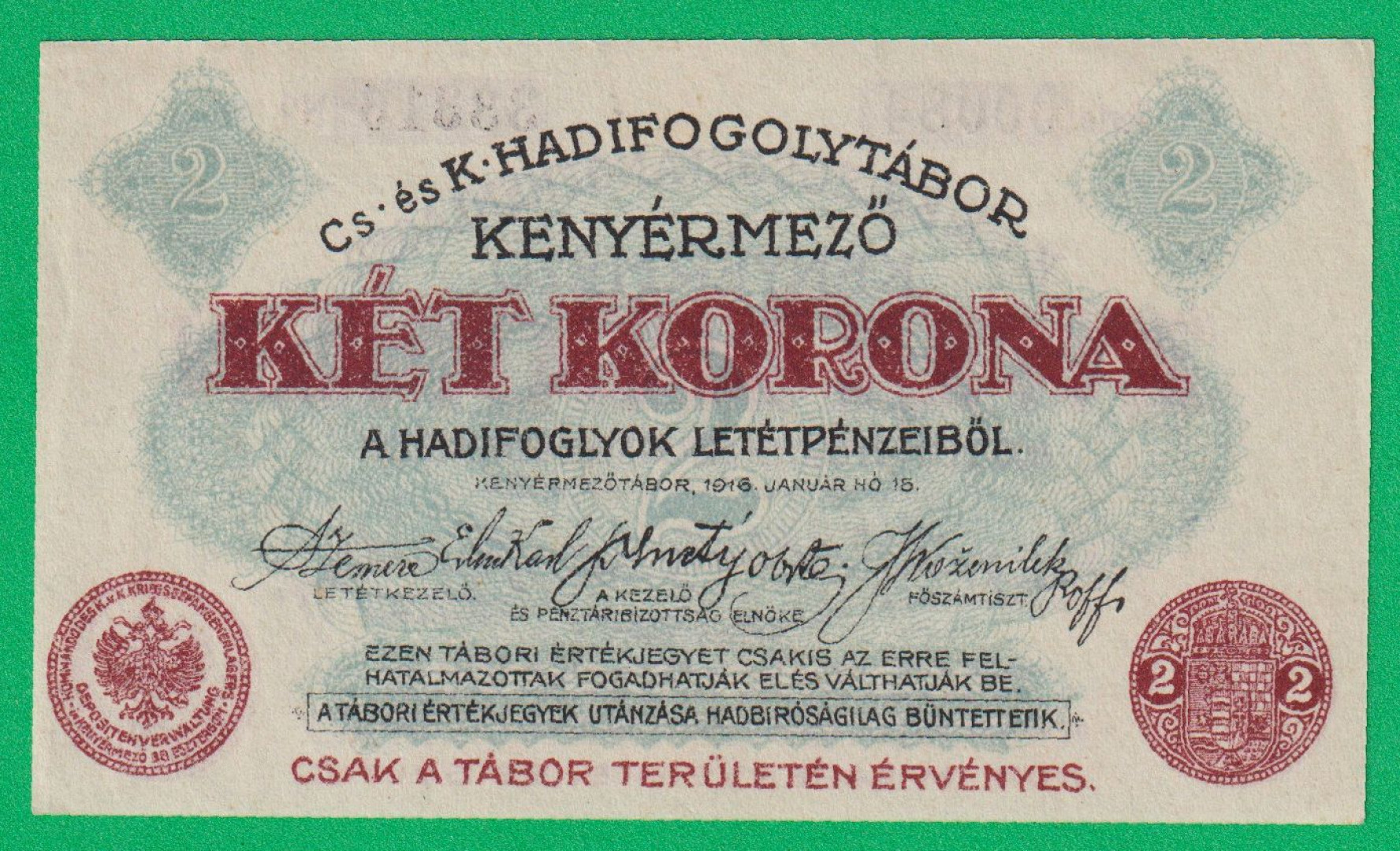 Kenyérmező 2 korona 1916. 00084.-33316 hadifogolytábor