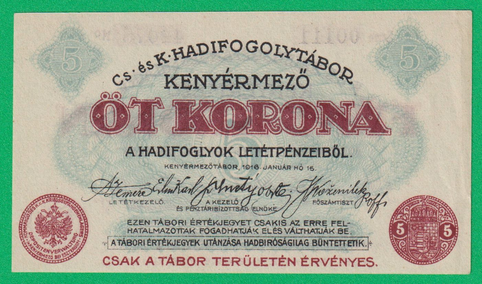 Kenyérmező 5 korona 1916. 00111.-42078 hadifogolytábor