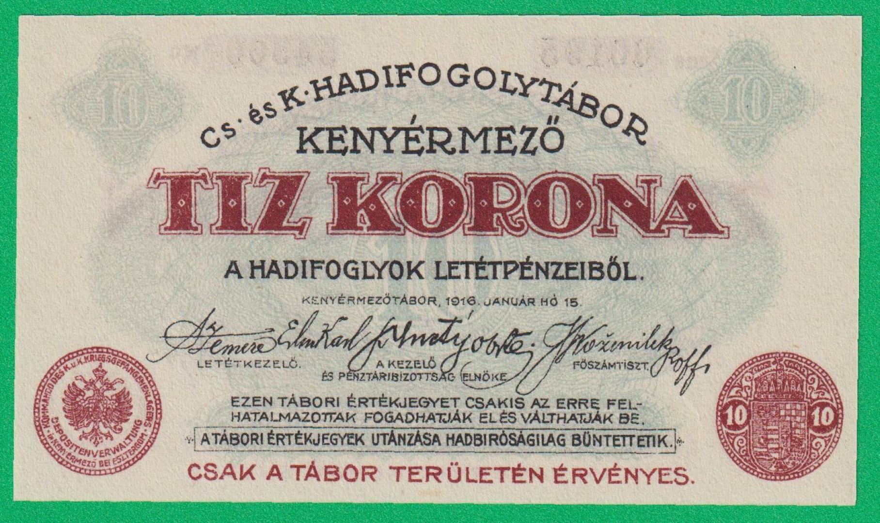 Kenyérmező 10 korona 1916. 00195.-54500 hadifogolytábor