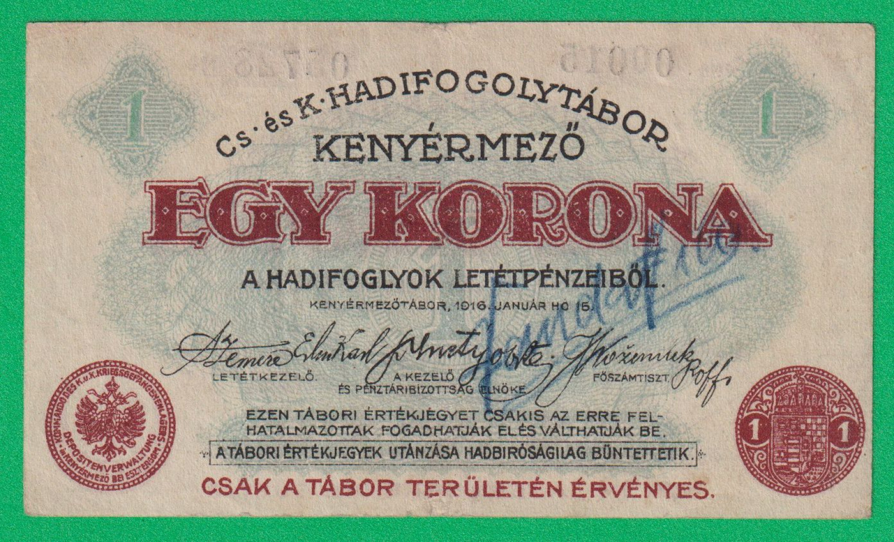 Kenyérmező 1 korona 1916. 00015.-05728 hadifogolytábor