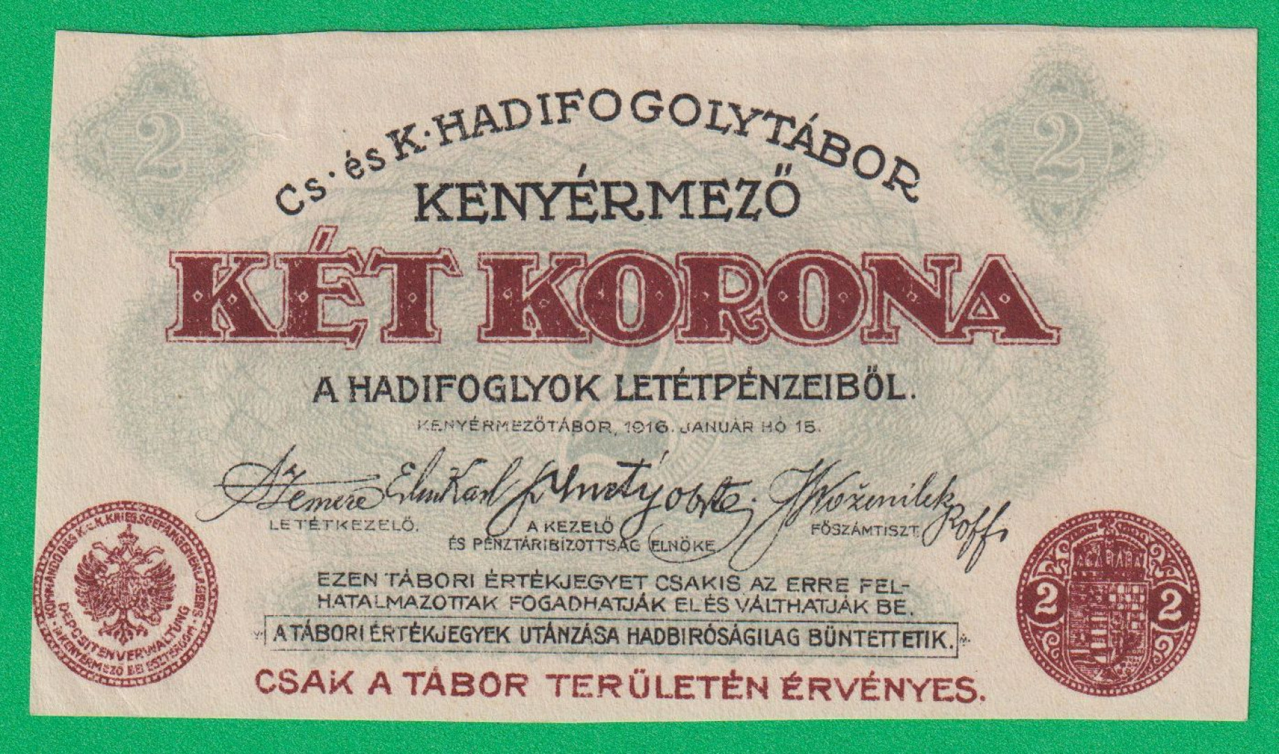 Kenyérmező 2 korona 1916. hadifogolytábor sorszám nélkül