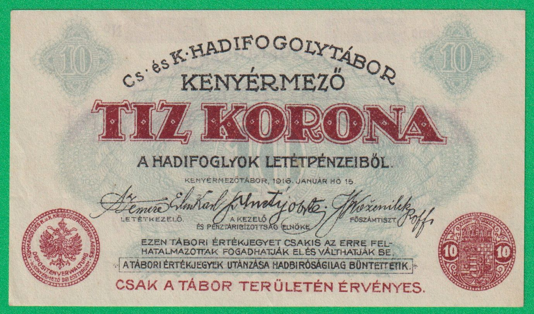 Kenyérmező 10 korona 1916. hadifogolytábor sorszám nélkül