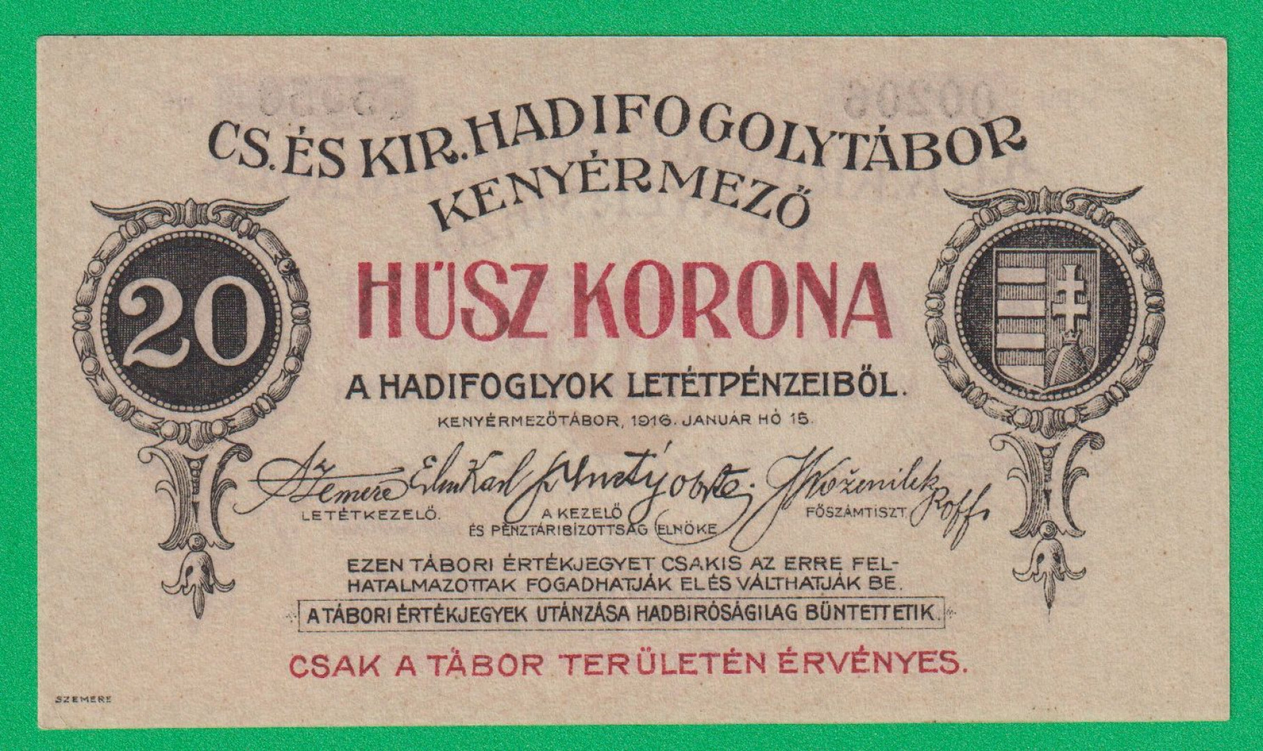 Kenyérmező 20 korona 1916. 00206.-55556 hadifogolytábor