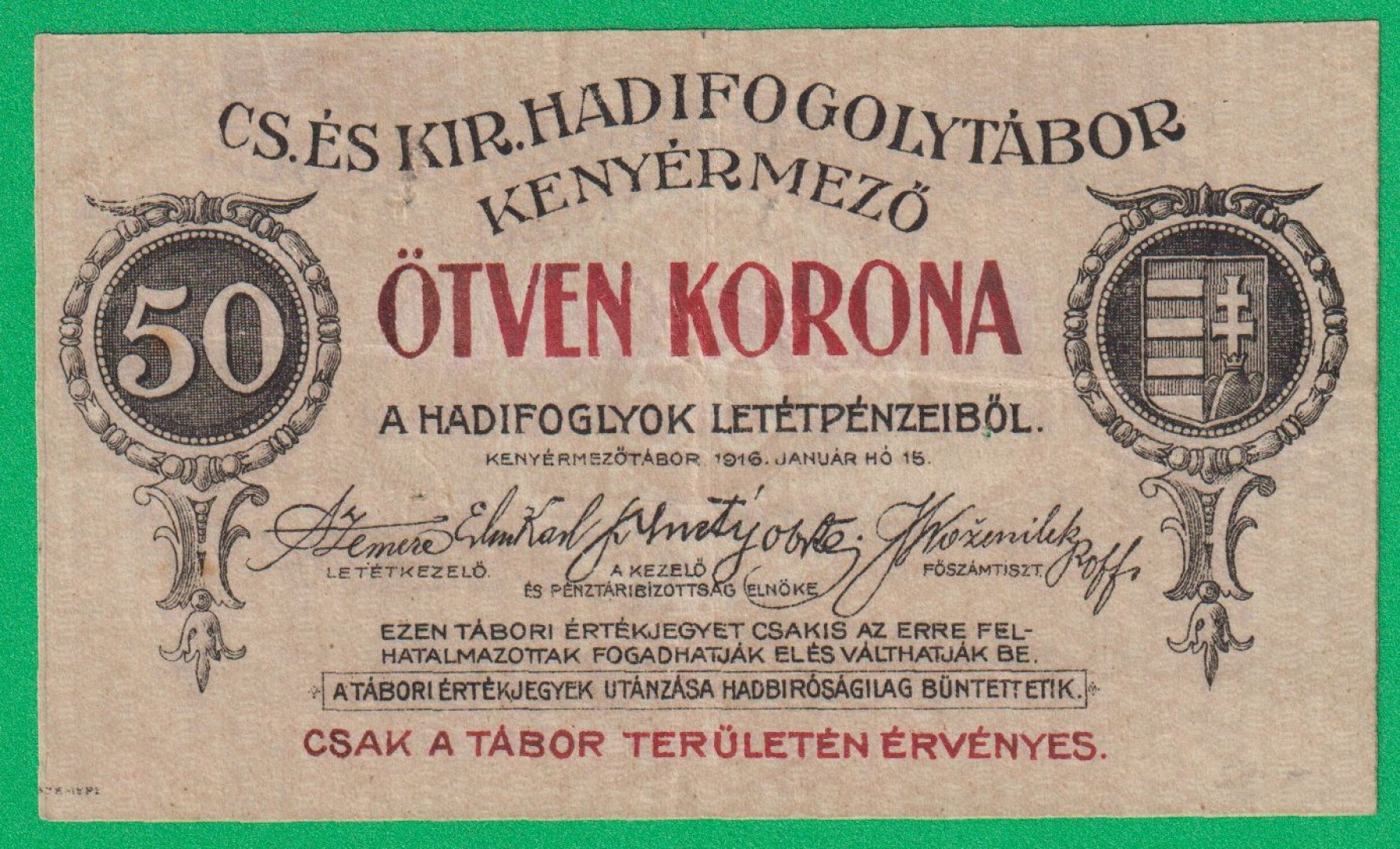 Kenyérmező 20 korona 1916. hadifogolytábor sorszám nélkül
