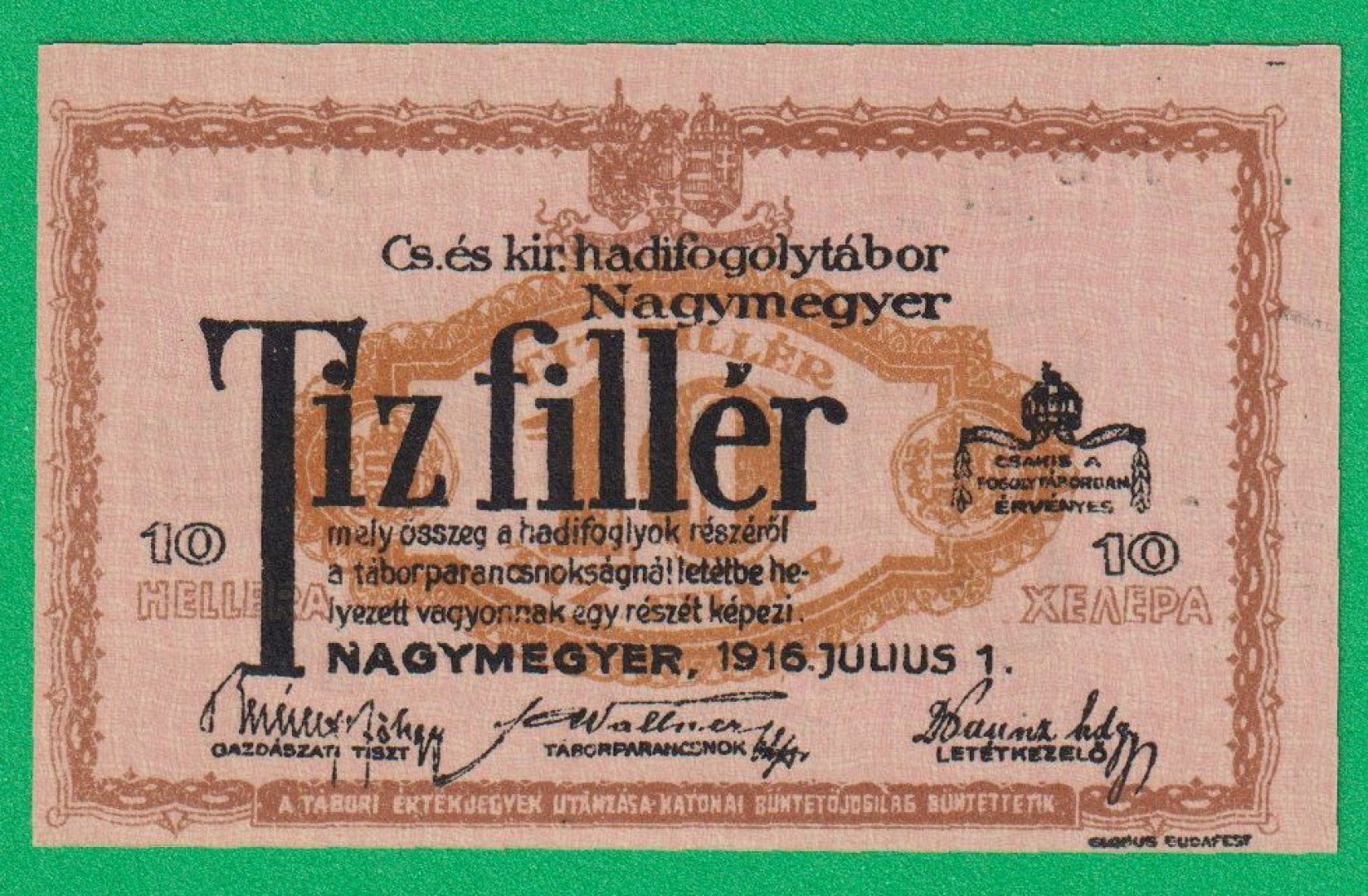 Nagymegyer 10 fillér 1916. MS 31.-0078 hadifogolytábor