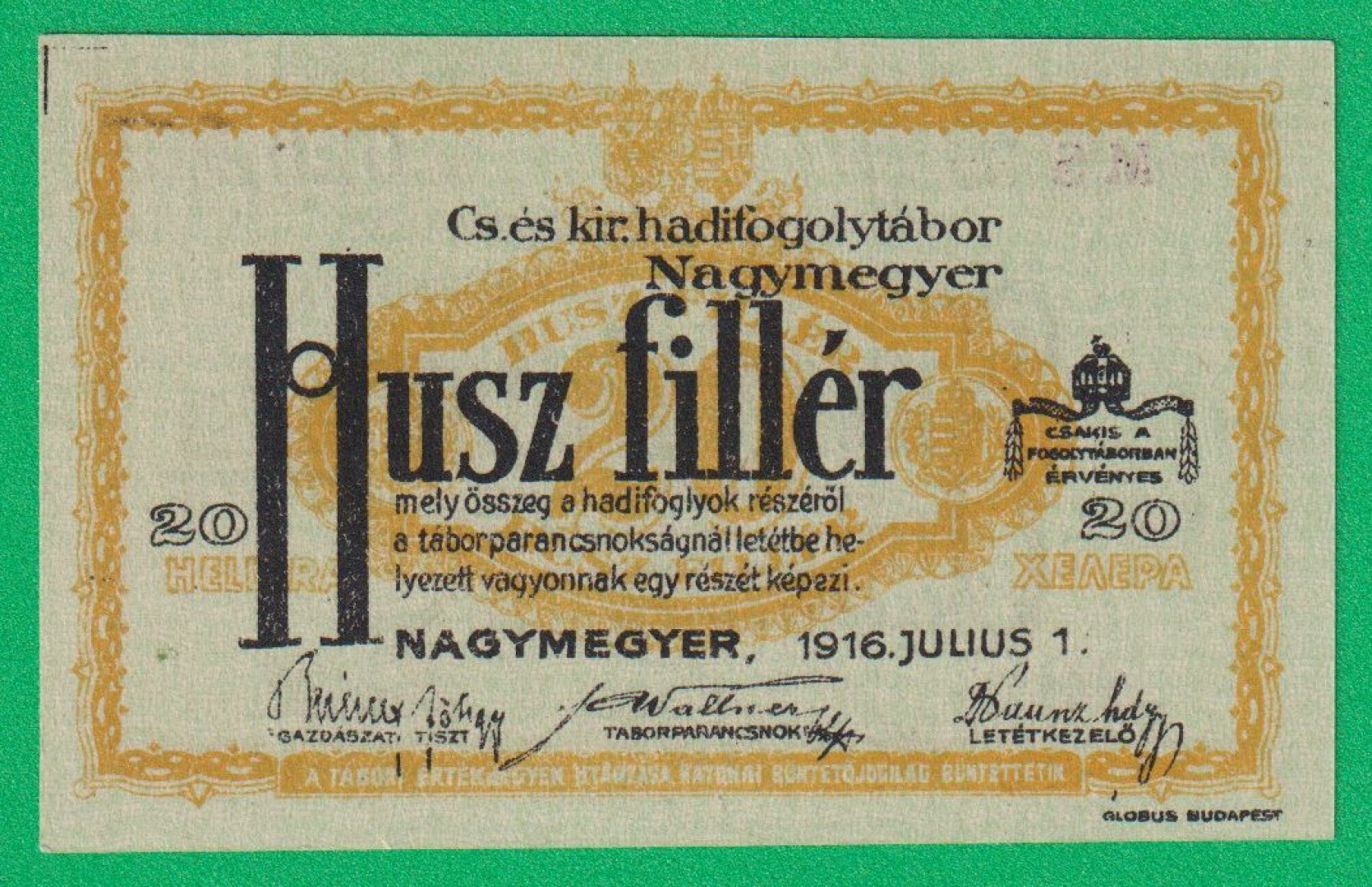 Nagymegyer 20 fillér 1916. MS 35.-0202 hadifogolytábor