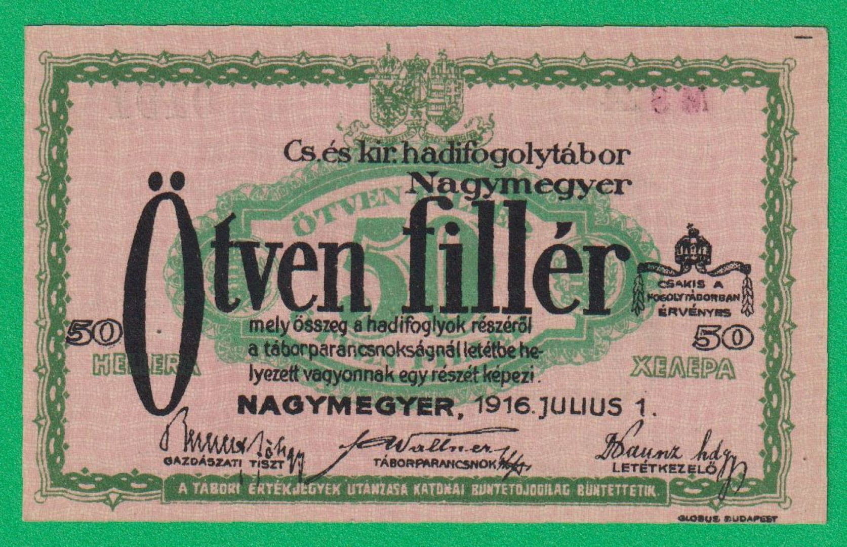 Nagymegyer 50 fillér 1916. MS 24.-0191 hadifogolytábor