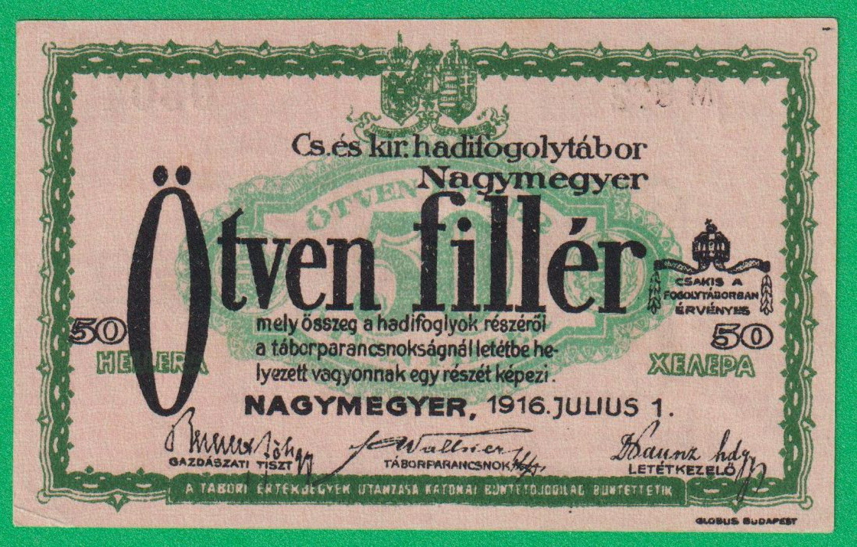 Nagymegyer 50 fillér 1916. MS 22.-0304 hadifogolytábor