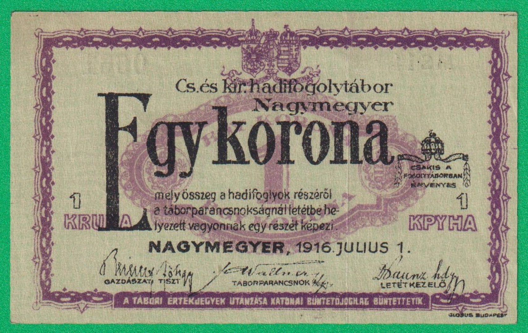 Nagymegyer 1 korona 1916. MS 14.-0061 hadifogolytábor