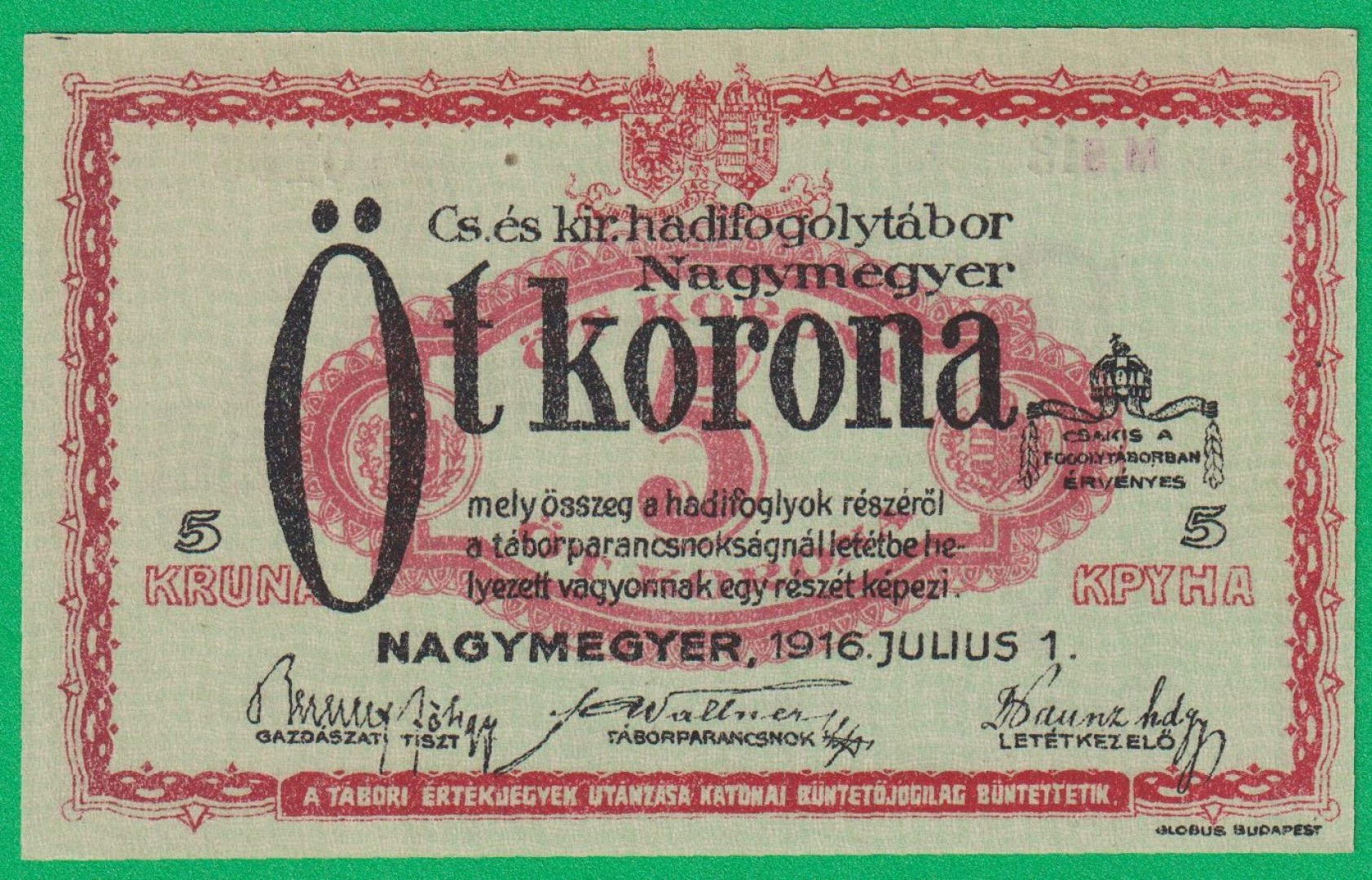 Nagymegyer 5 korona 1916. MS 13.-0105 hadifogolytábor