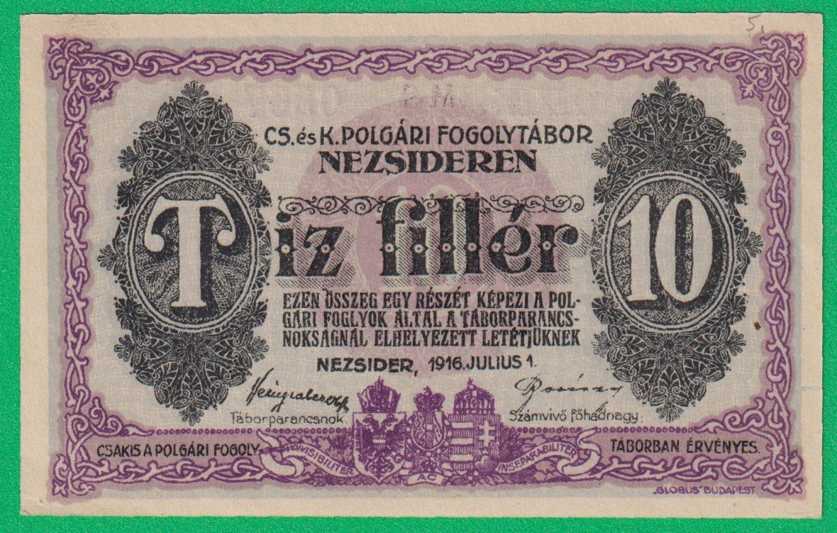 Nezsider 10 fillér 1916. XXIX. MS.-0567 hadifogolytábor