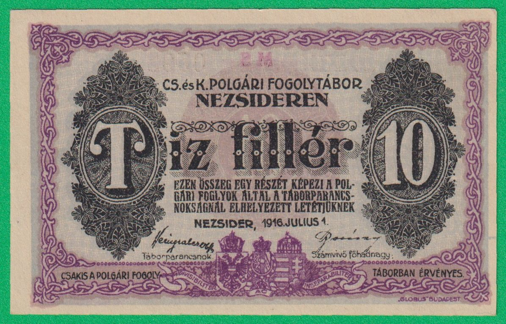 Nezsider 10 fillér 1916. XXIX. MS.-0593 hadifogolytábor