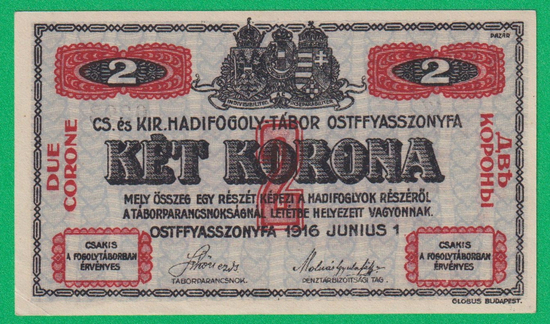 Ostffyasszonyfa 2 korona 1916. 17.-0393 hadifogolytábor