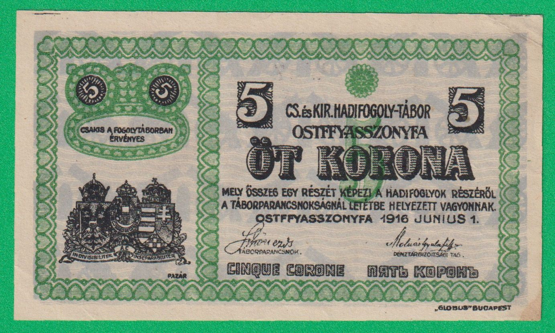 Ostffyasszonyfa 5 korona 1916. MS 7.-0190 hadifogolytábor