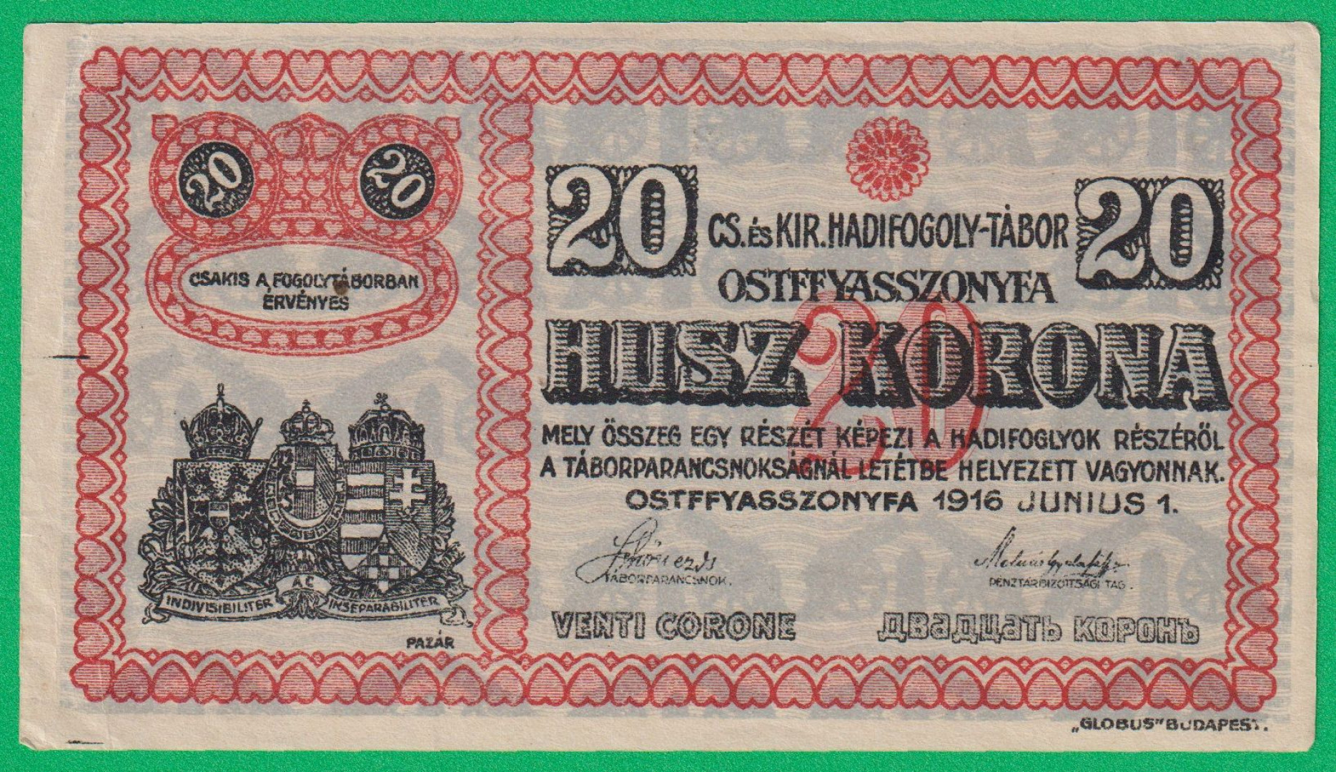 Ostffyasszonyfa 20 korona 1916. 3.-0676 hadifogolytábor