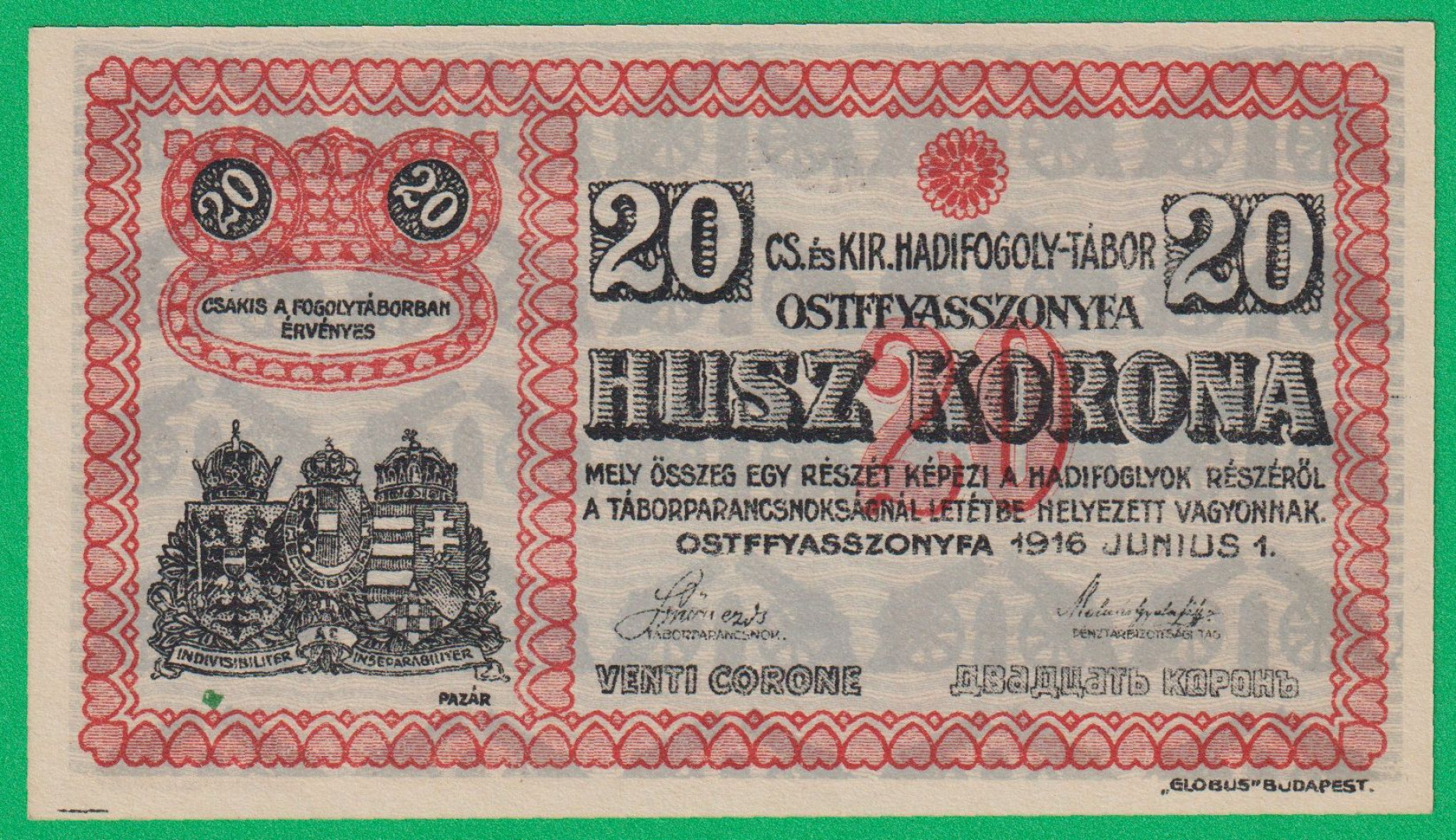 Ostffyasszonyfa 20 korona 1916. MS 4.-0814 hadifogolytábor
