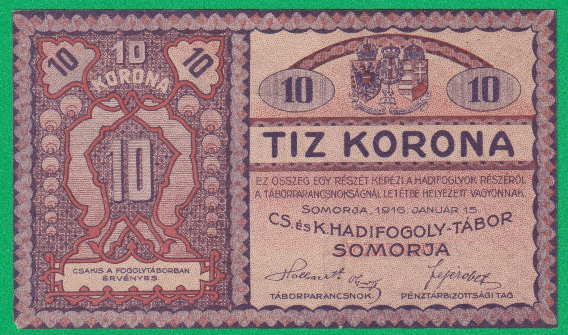 Somorja 10 korona 1916. DD.-0924 hadifogolytábor