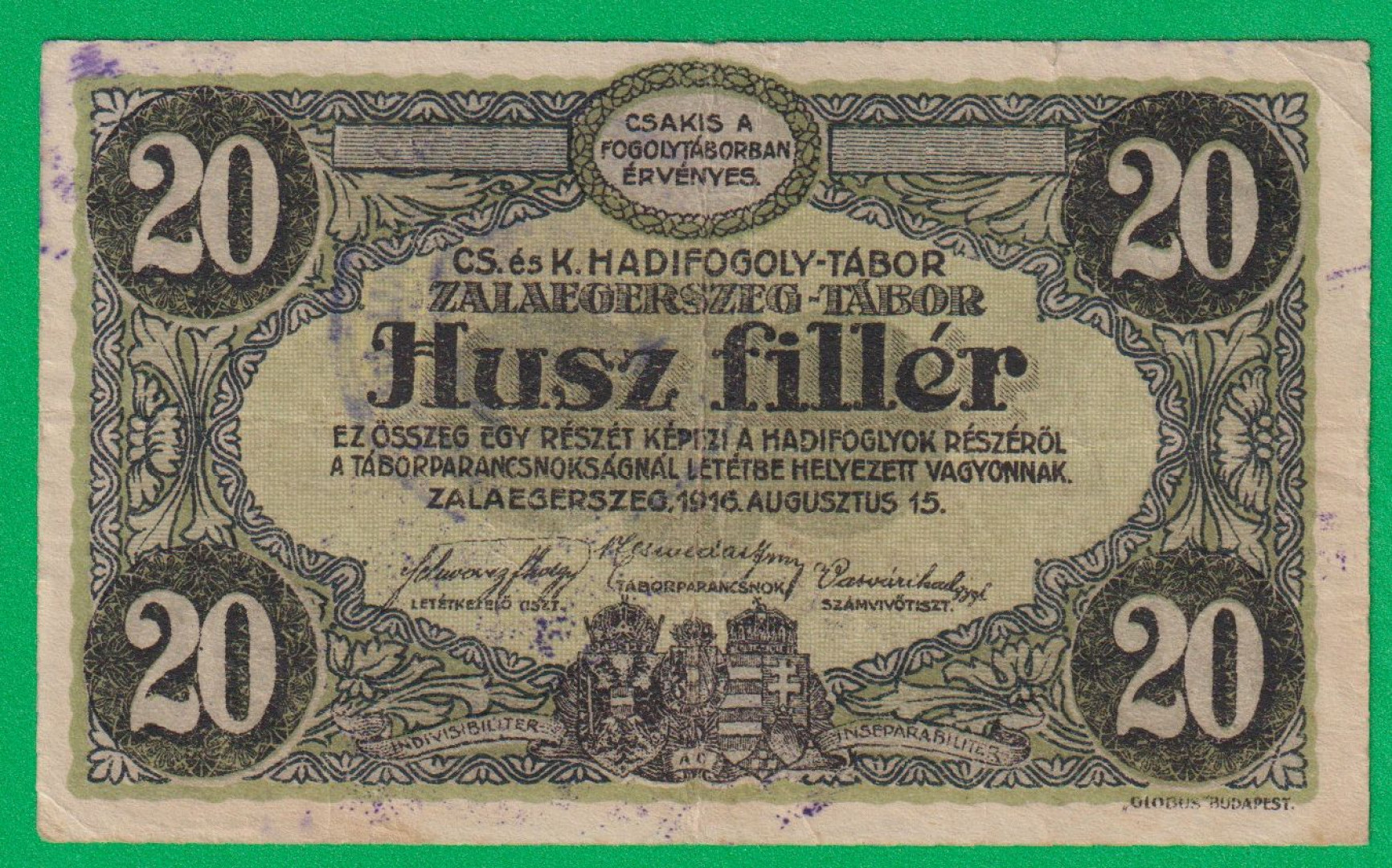 Zalaegerszeg 20 fillér 1916. 10.-0195 hadifogolytábor bélyegzett