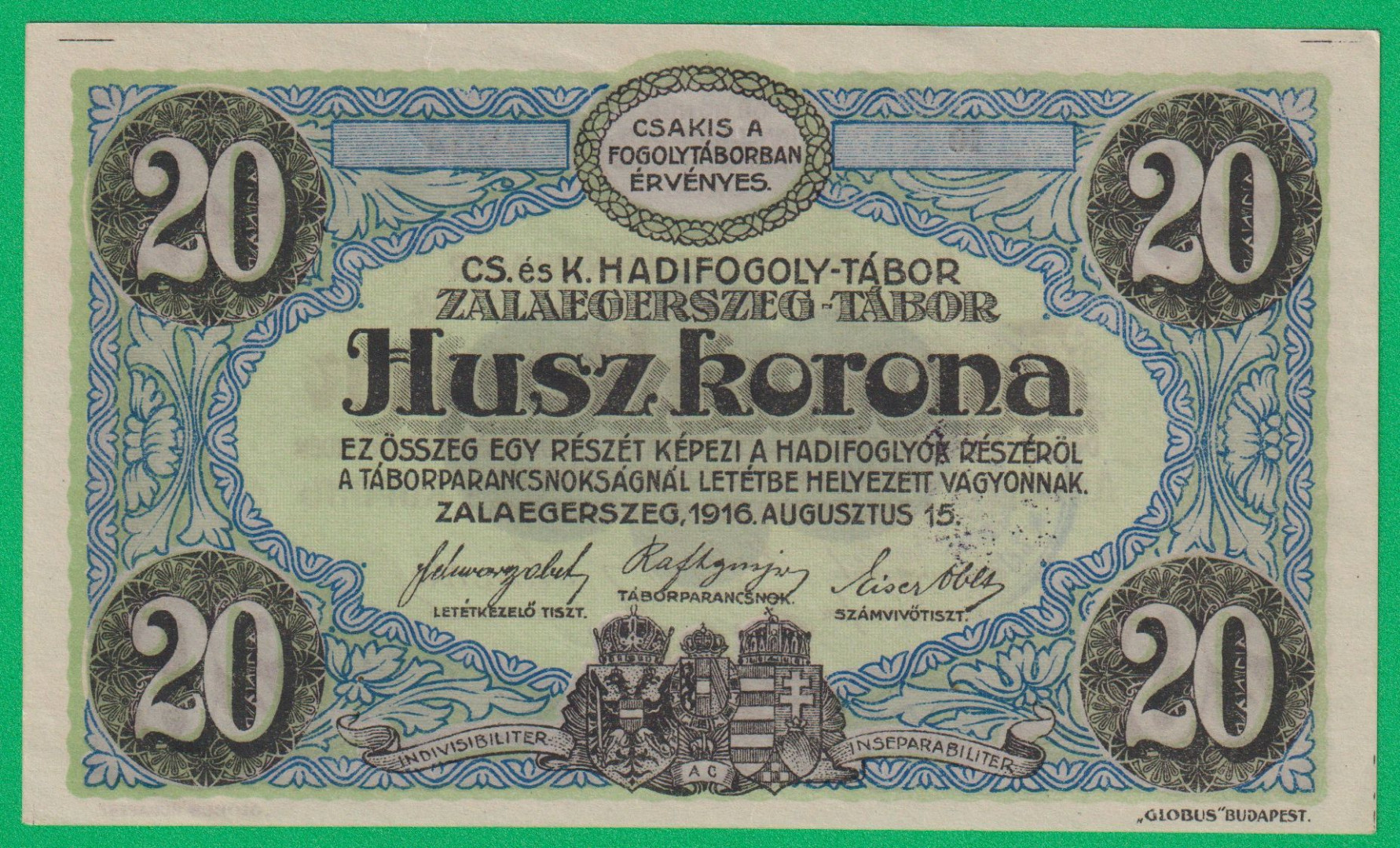 Zalaegerszeg 20 korona 1916. 10.-0854 hadifogolytábor bélyegzett