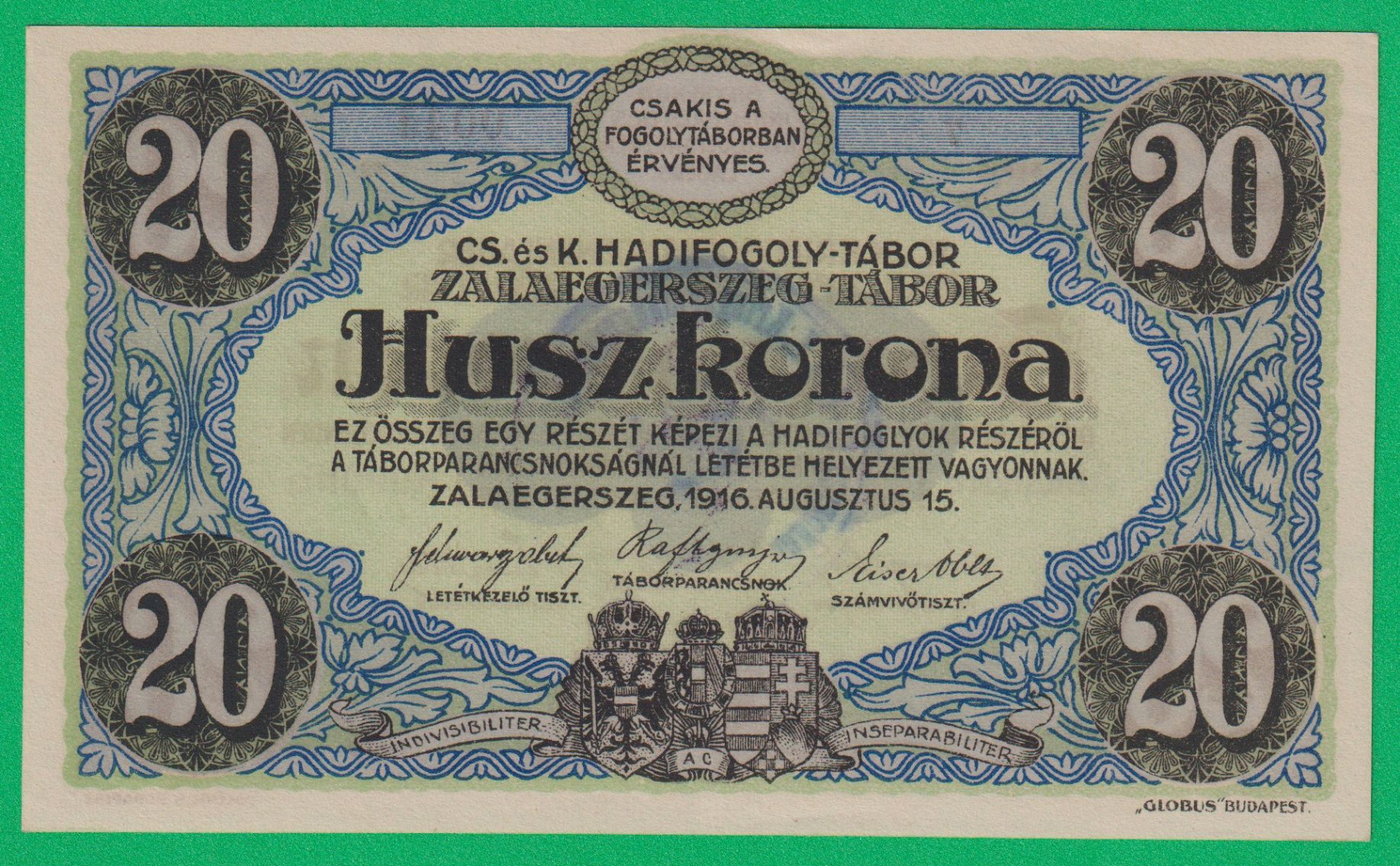 Zalaegerszeg 20 korona 1916. 7.-0044 hadifogolytábor bélyegzett
