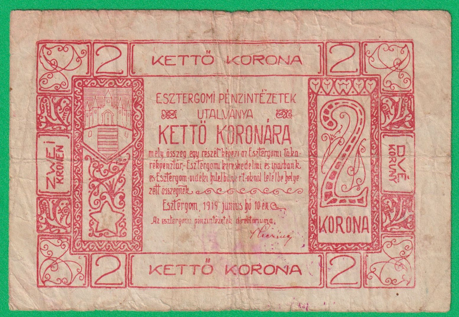 Esztergomi Pénzintézetek Utalványa 2 korona 1919.