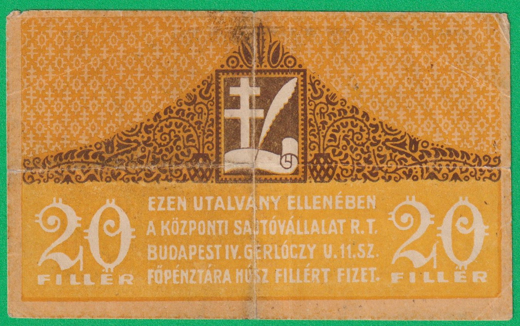 Központi Sajtóvállalat Rt. 20 Fillér 1919.