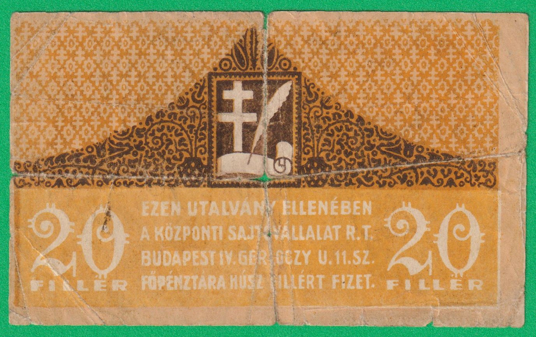 Központi Sajtóvállalat Rt. 20 Fillér 1919.