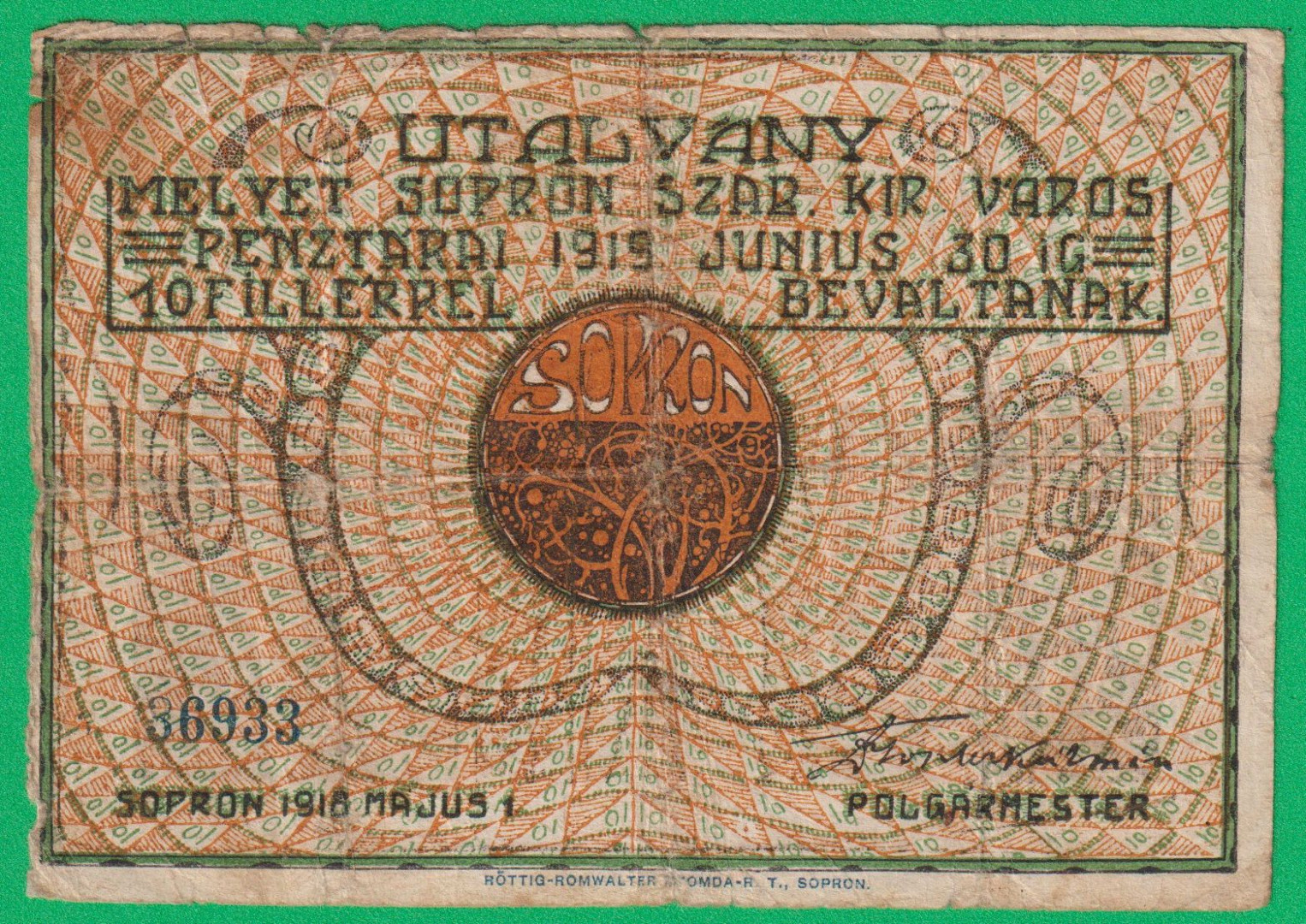 Sopron Utalvány 10 Fillér 1919.