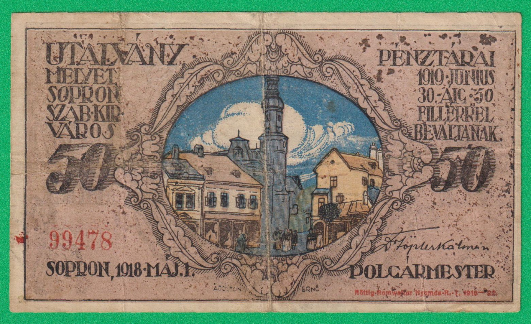 Sopron Utalvány 50 Fillér 1919.