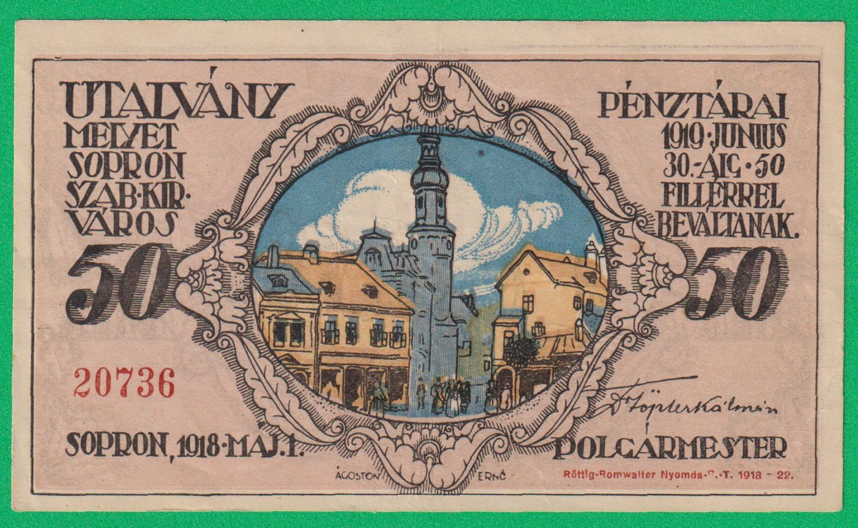 Sopron Utalvány 50 Fillér 1919.
