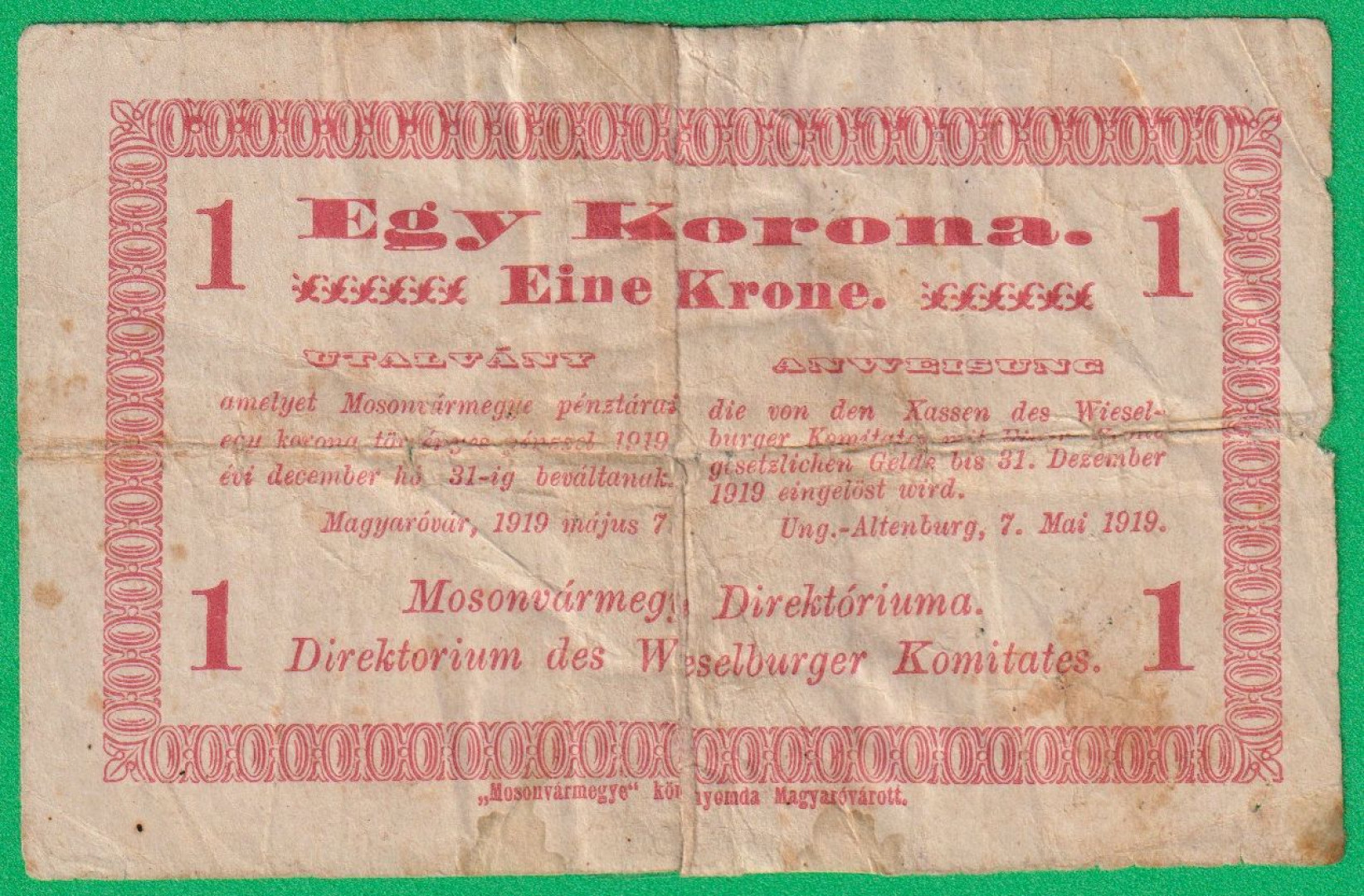 Mosonvármegye Direktóriuma 1 Korona 1919.