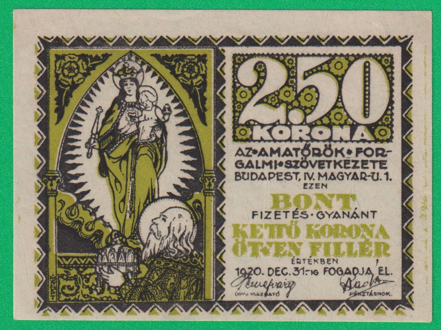 Amatőrök Forgalmi Szövetkezete 2,50 Korona Bon 1920.