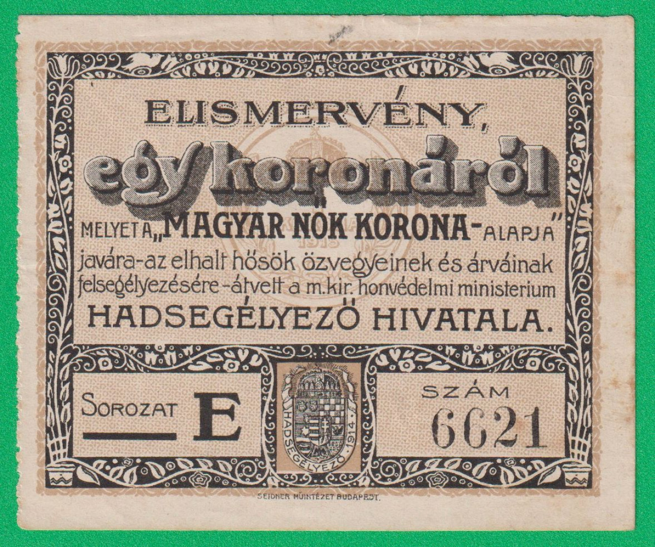 Magyar Nők Korona alapja 1 Korona 1919.