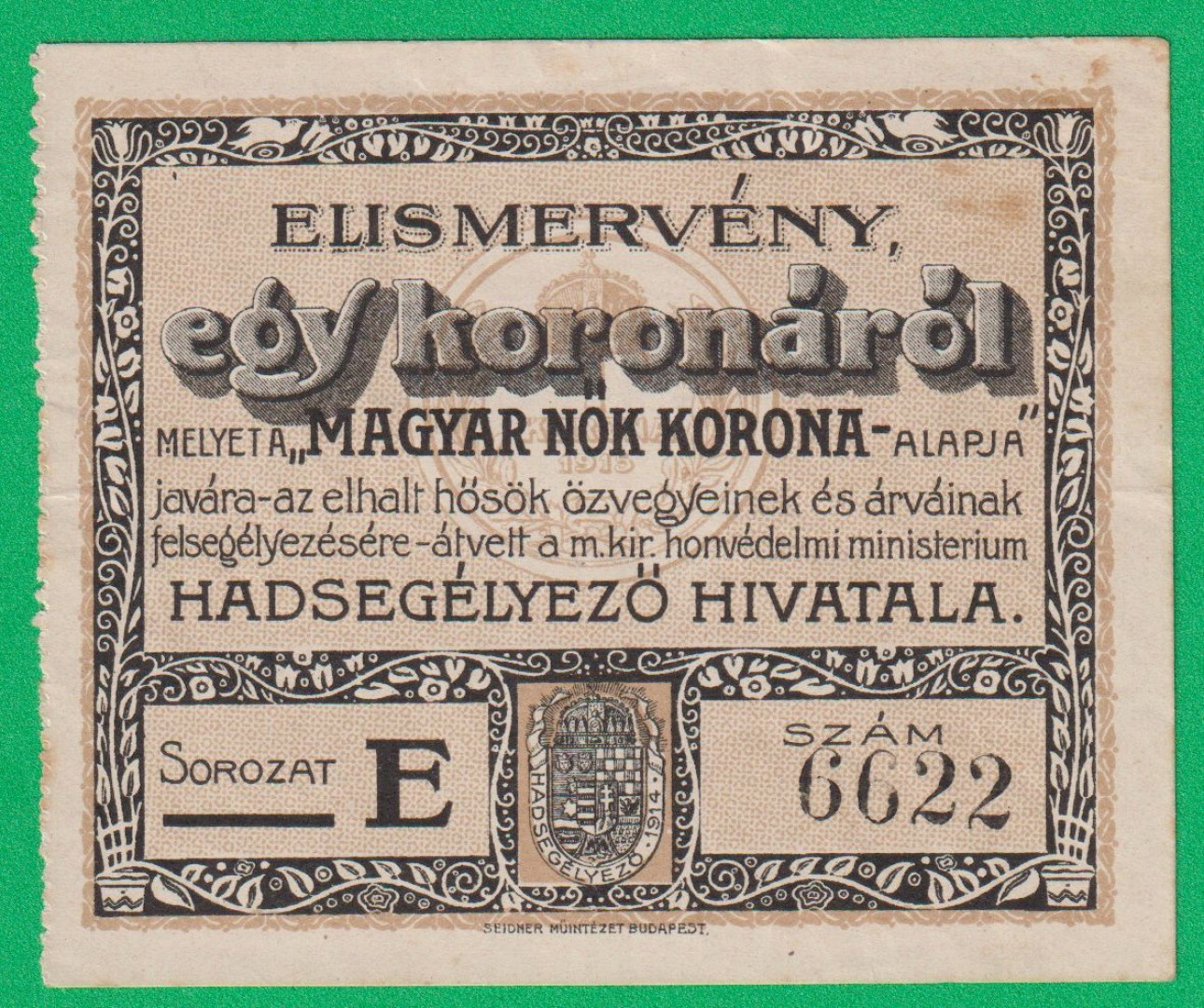 Magyar Nők Korona alapja 1 Korona 1919.