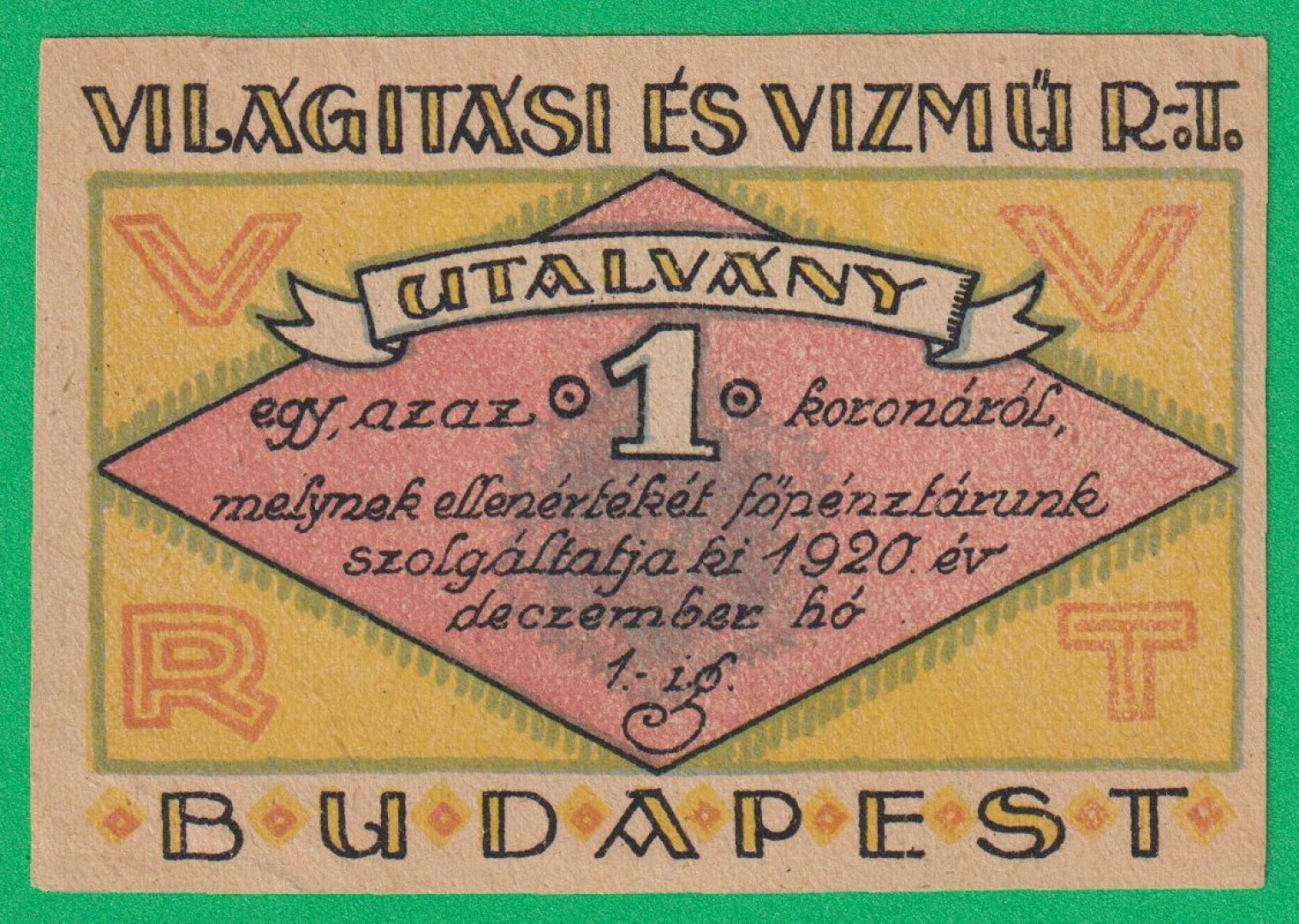Világitási és Vízmű Rt. Budapest 1 Korona 1920.