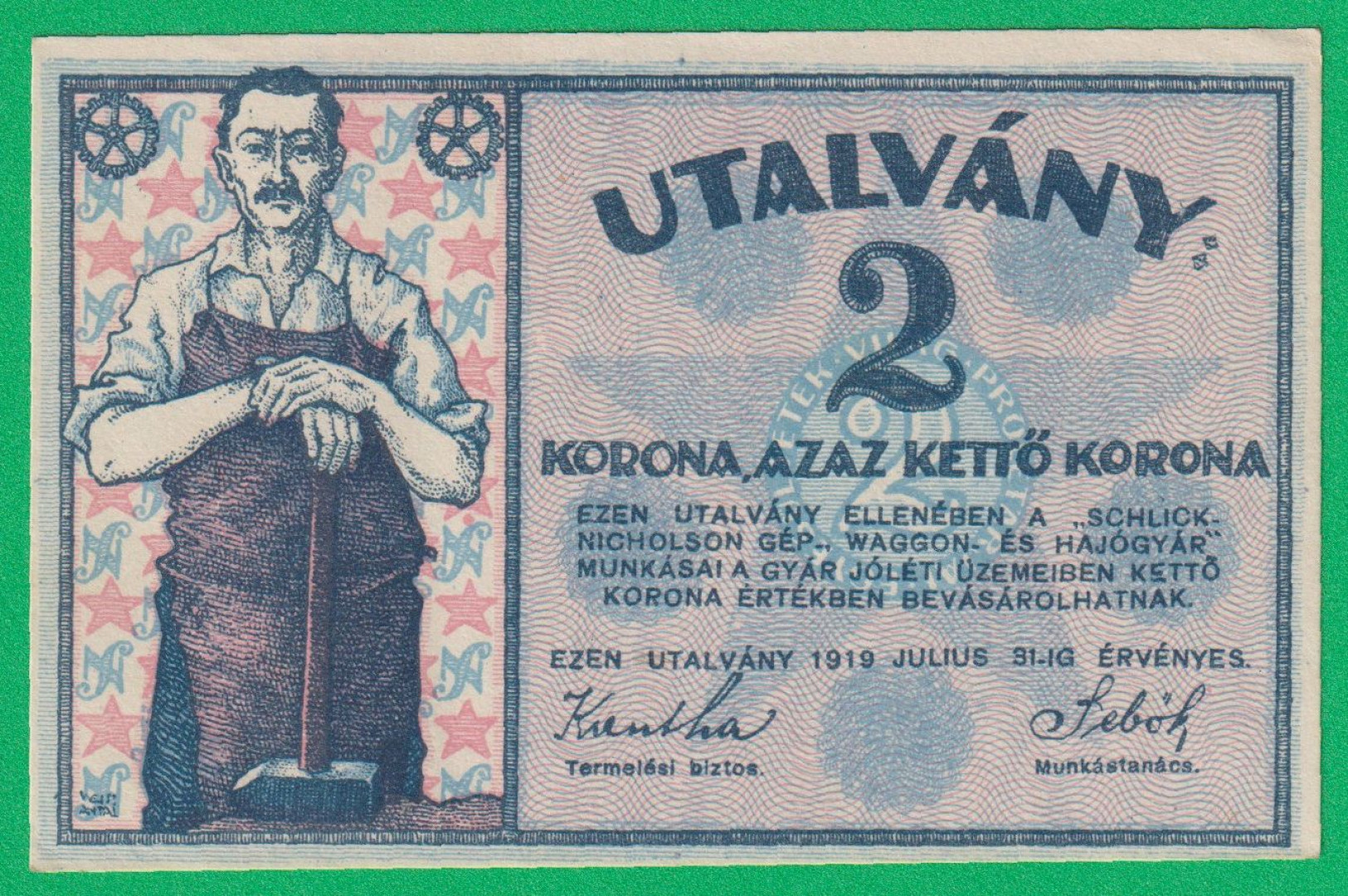 Schlick Nicholson Gép, Vagon és Hajógyár 2 Korona utalvány 1919.