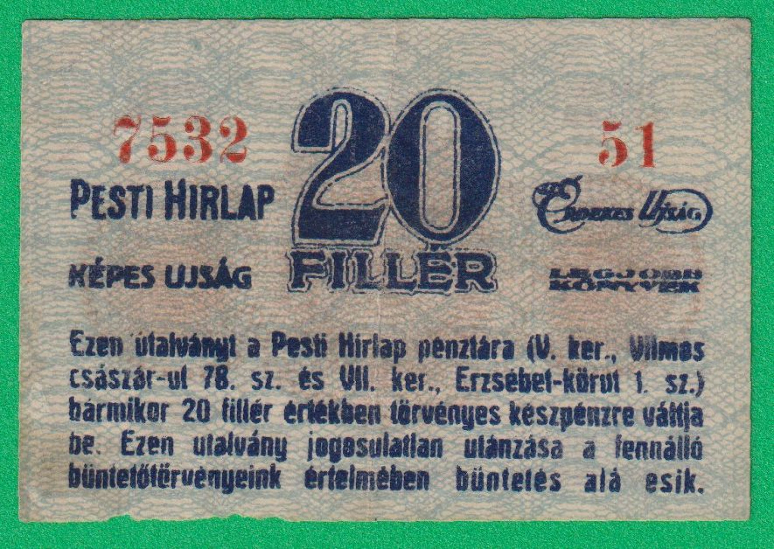 Pesti Hírlap Érdekes Újság 20 Fillér 1919.
