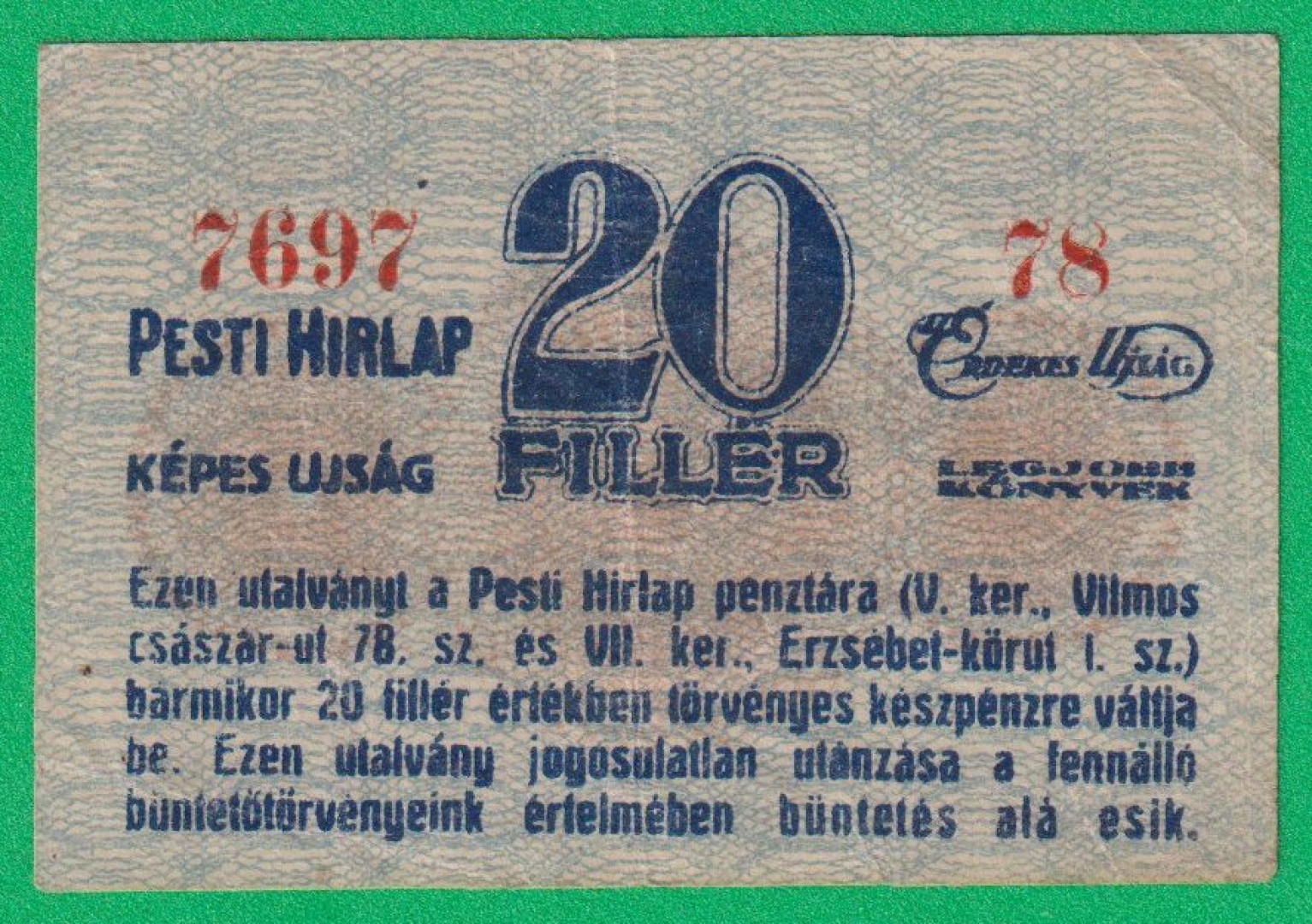 Pesti Hírlap Érdekes Újság 20 Fillér 1919.