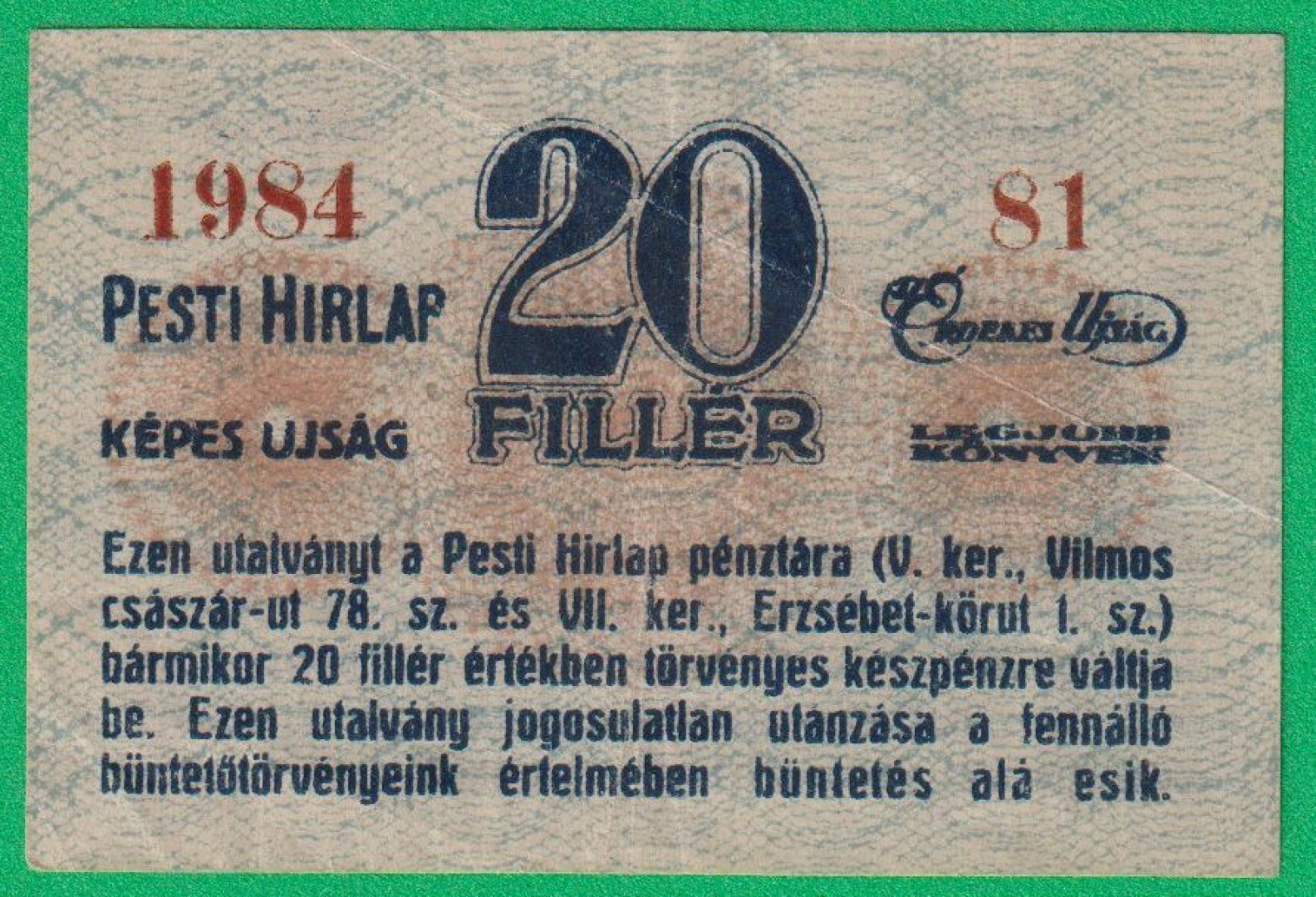 Pesti Hírlap Érdekes Újság 20 Fillér 1919.